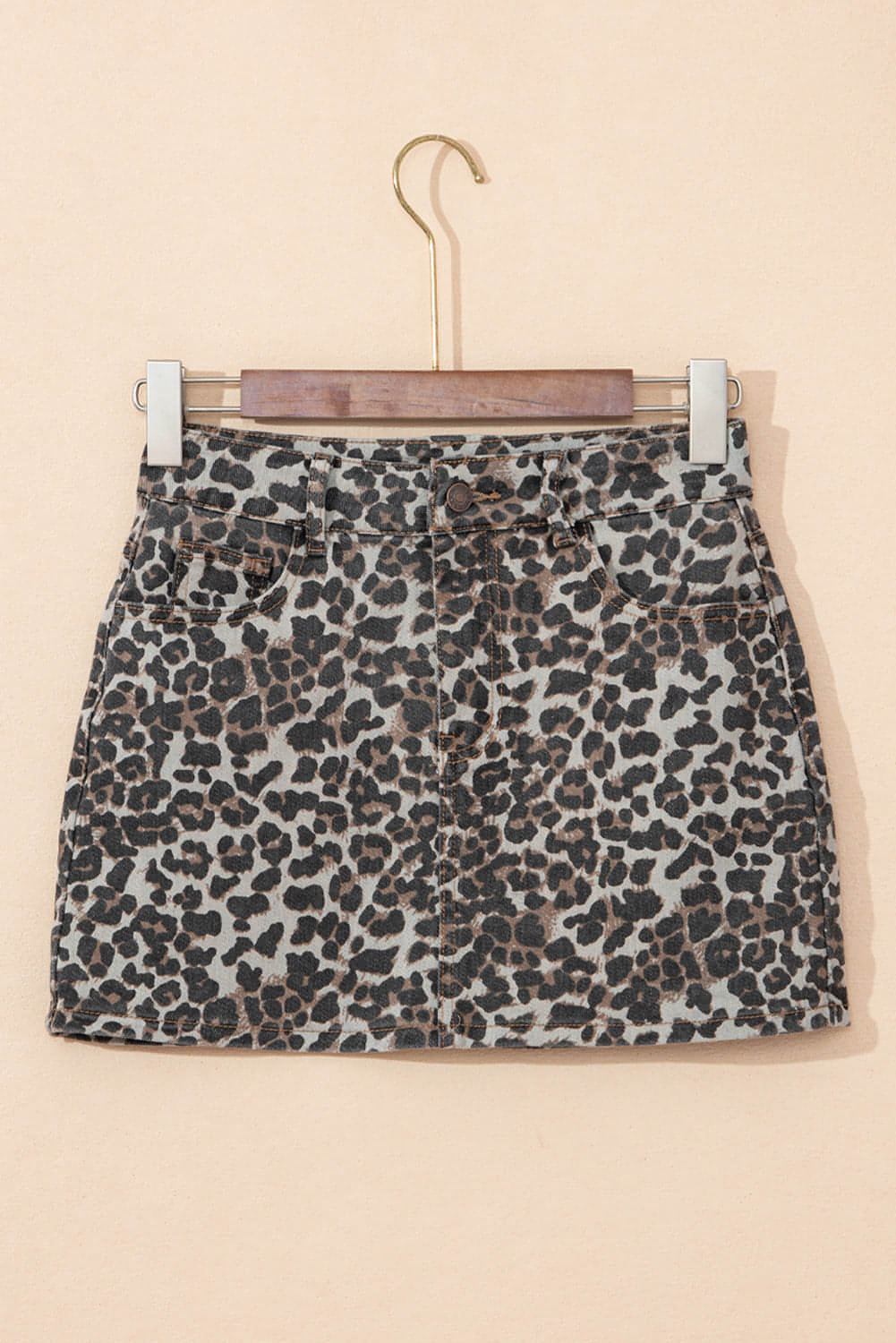 Khaki Leopard Denim Mini Skirt