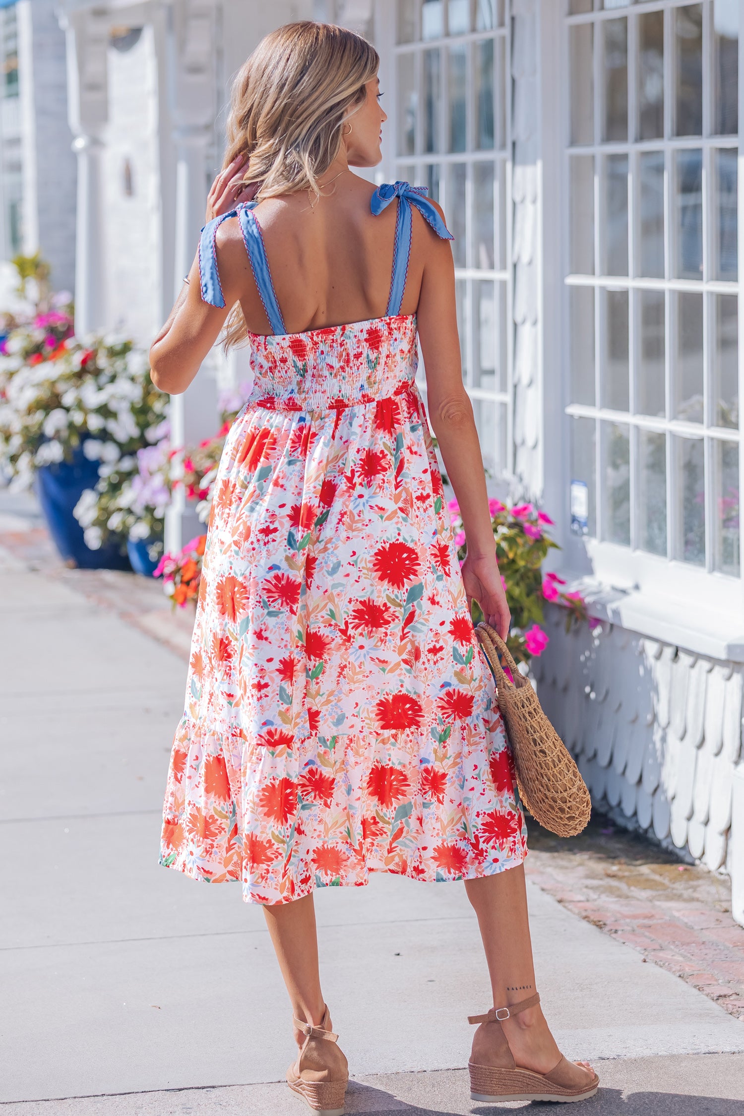 Yellow Floral Print Contrast Stitched Knot Denim Straps High Waist Dress