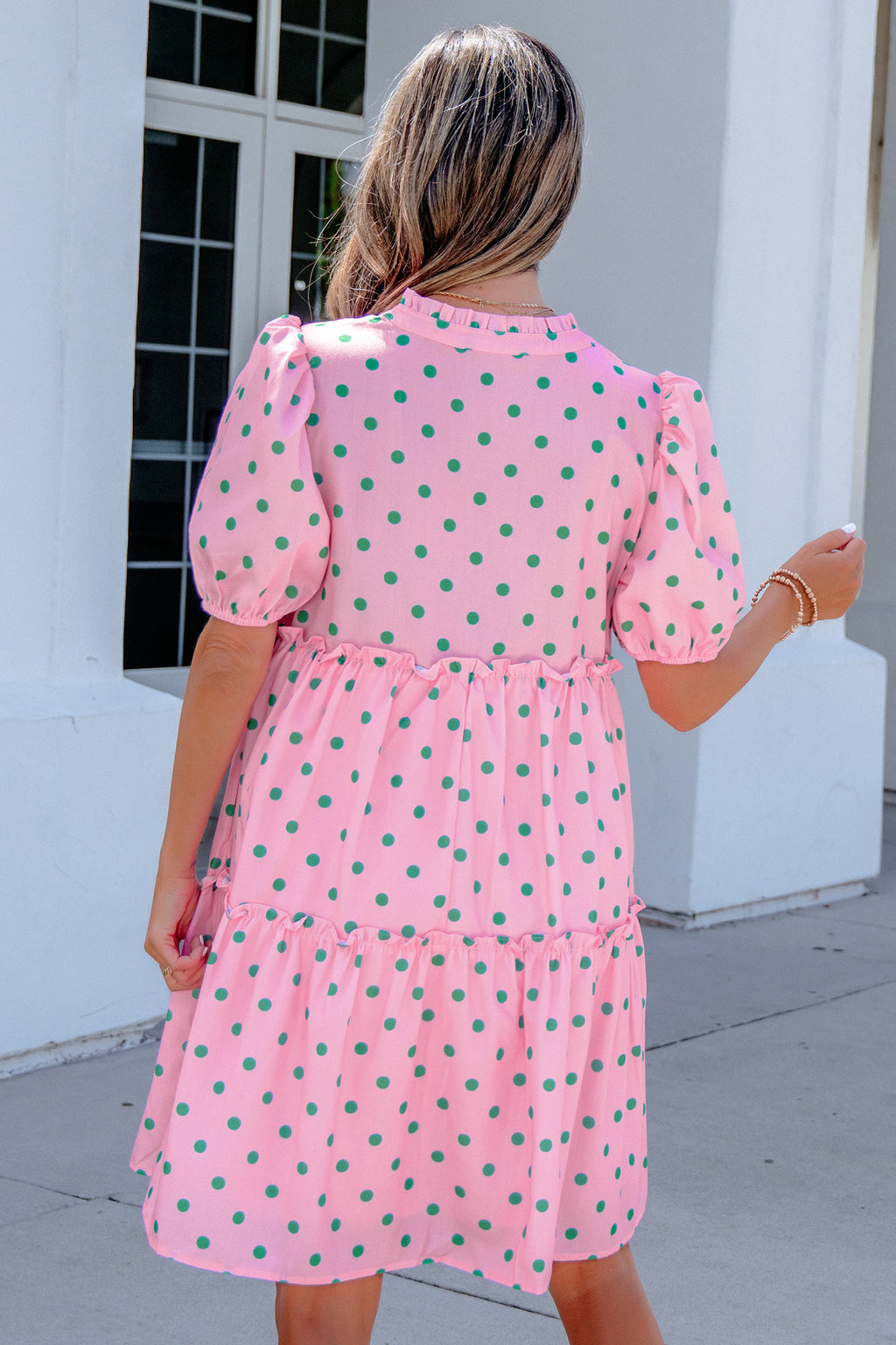 Pink Polka Dot Print V Neck Short Sleeve Tiered Mini Dress
