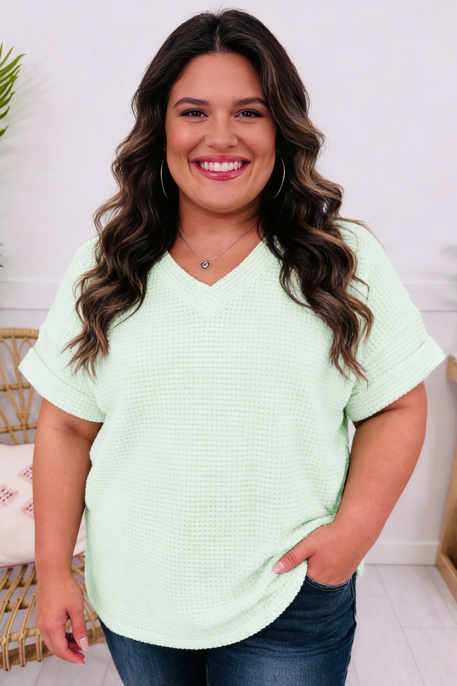 Wisteria V Neck Short Sleeve Plus Size Waffle Knit Top