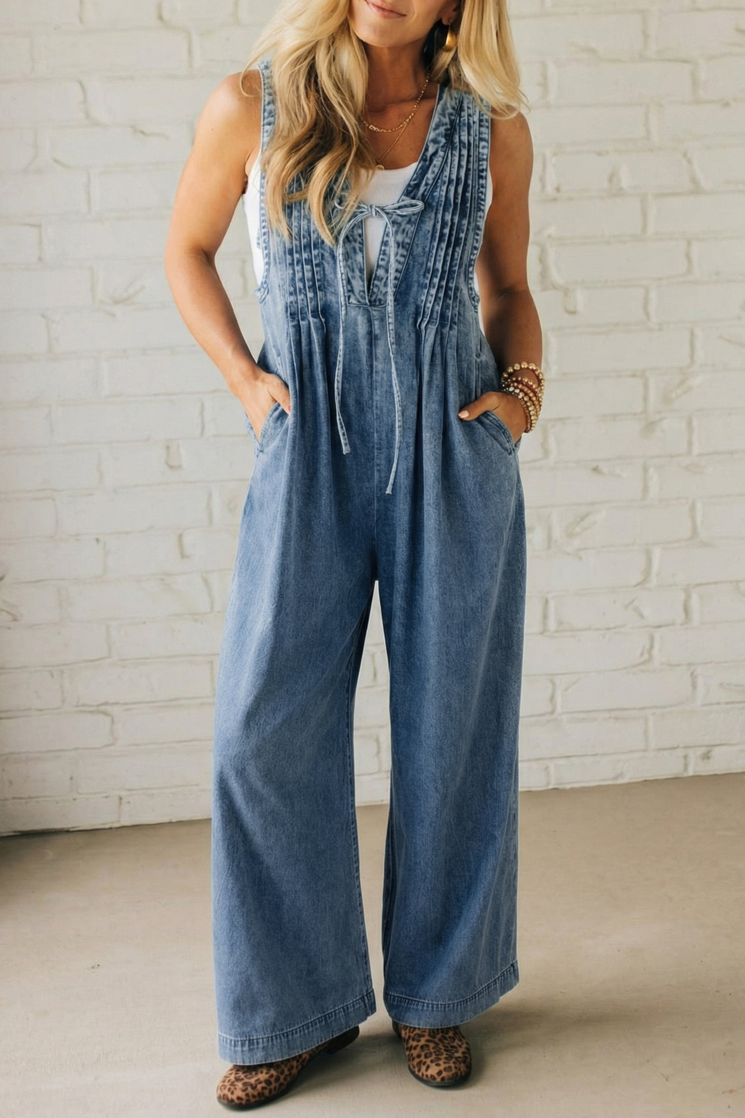 Dusk Blue Acid Wash Pintuck Tie V Neck Denim Wide Leg Jumpsuit