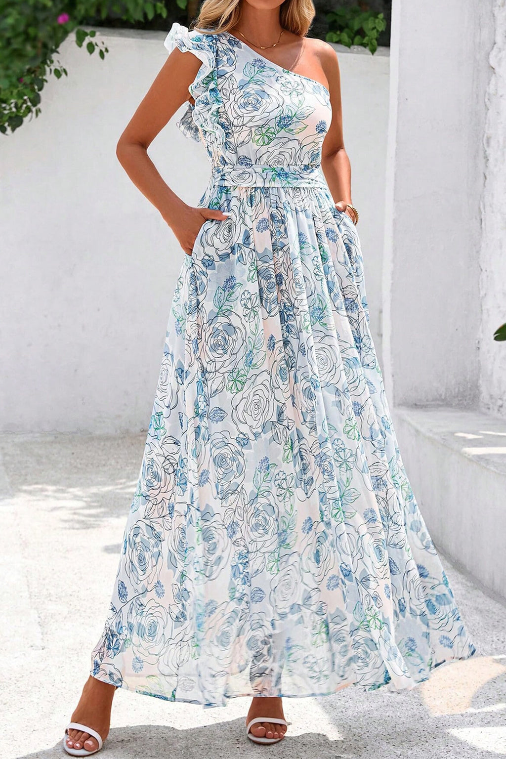 Sky Blue Floral Print Ruffled One Shoulder Vacation Maxi Dress