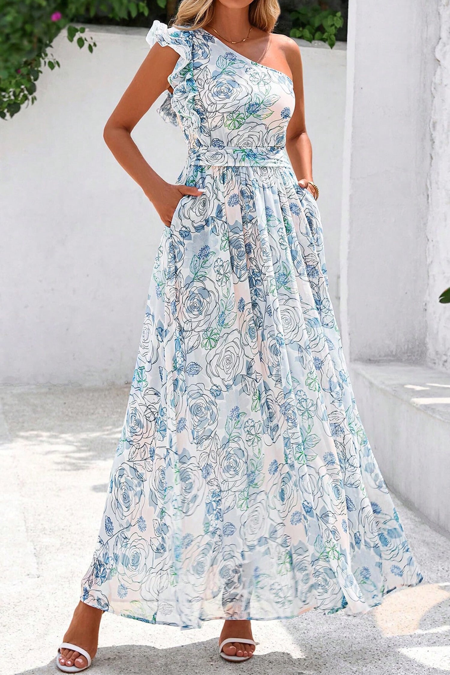 Sky Blue Floral Print Ruffled One Shoulder Vacation Maxi Dress