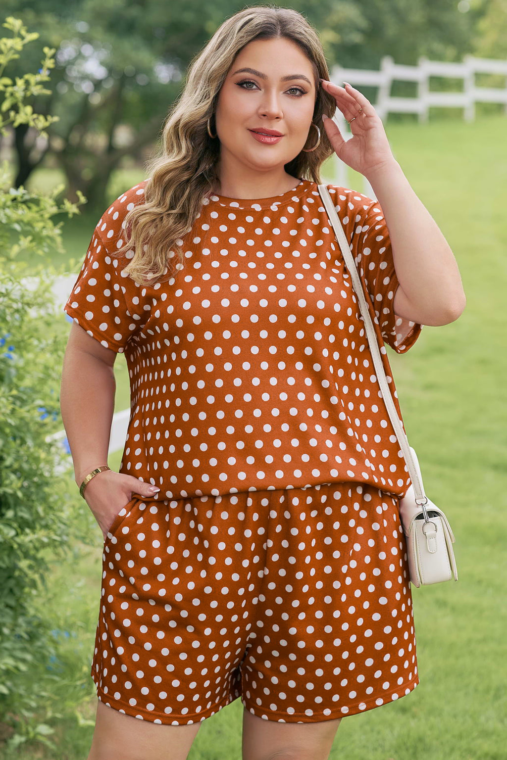 Brown Polka Dot Print Dropped Shoulder Tee Plus Size Short Set
