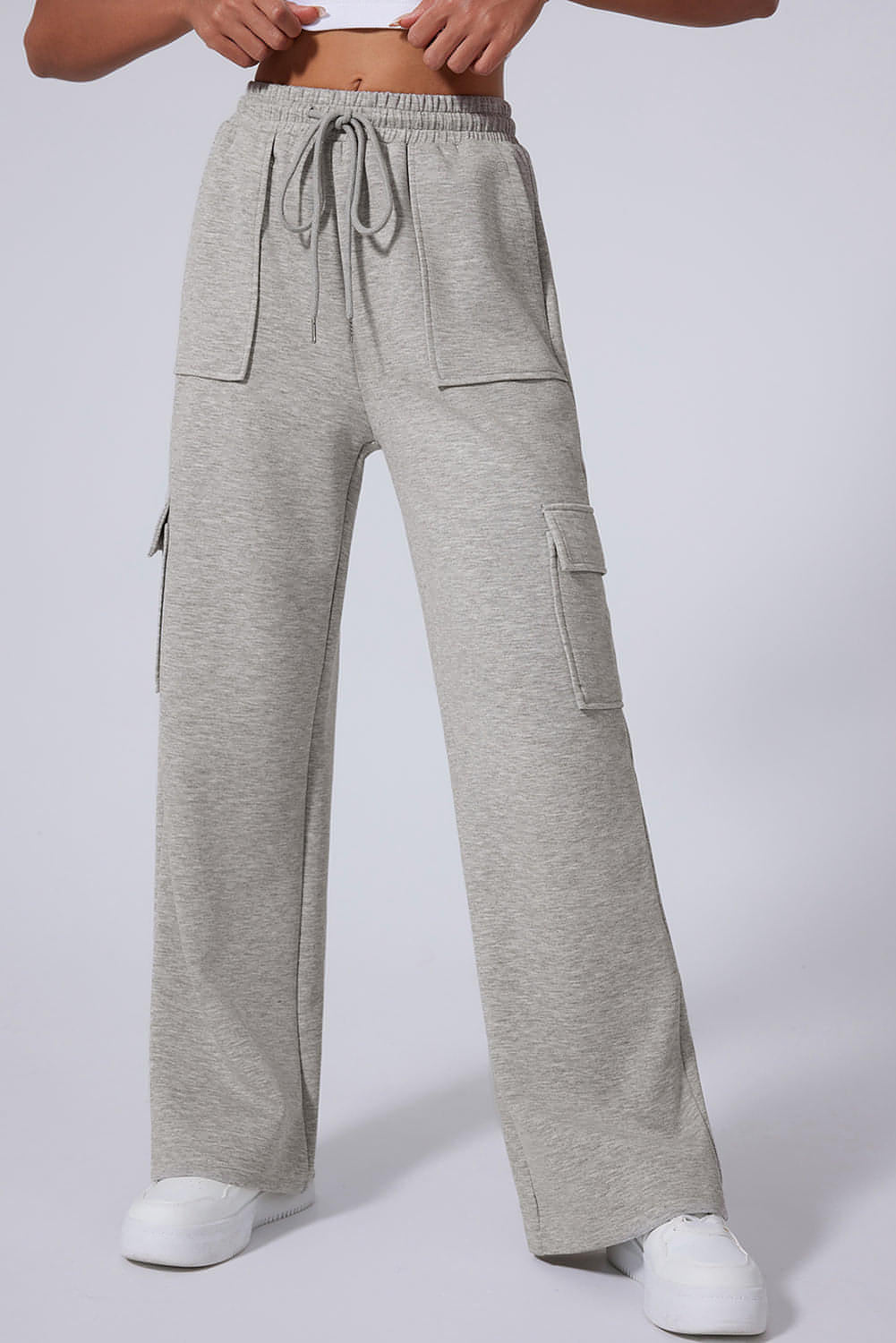 Light Grey Multi Pockets Lace-up High Waist Wide Leg Workout Pants