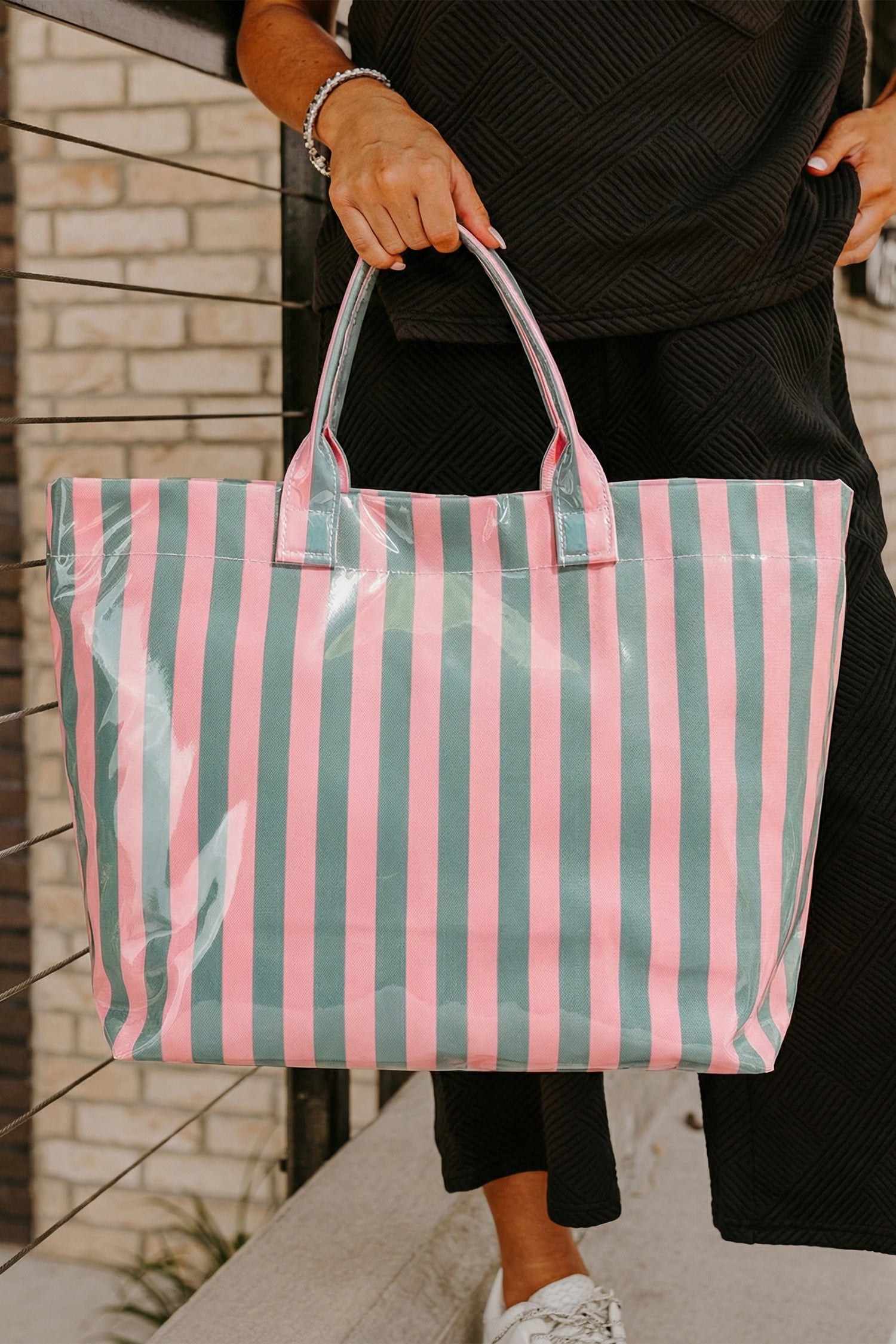 Blackish Green Glossy Striped Vinyl Large Tote Bag (Color Varied)