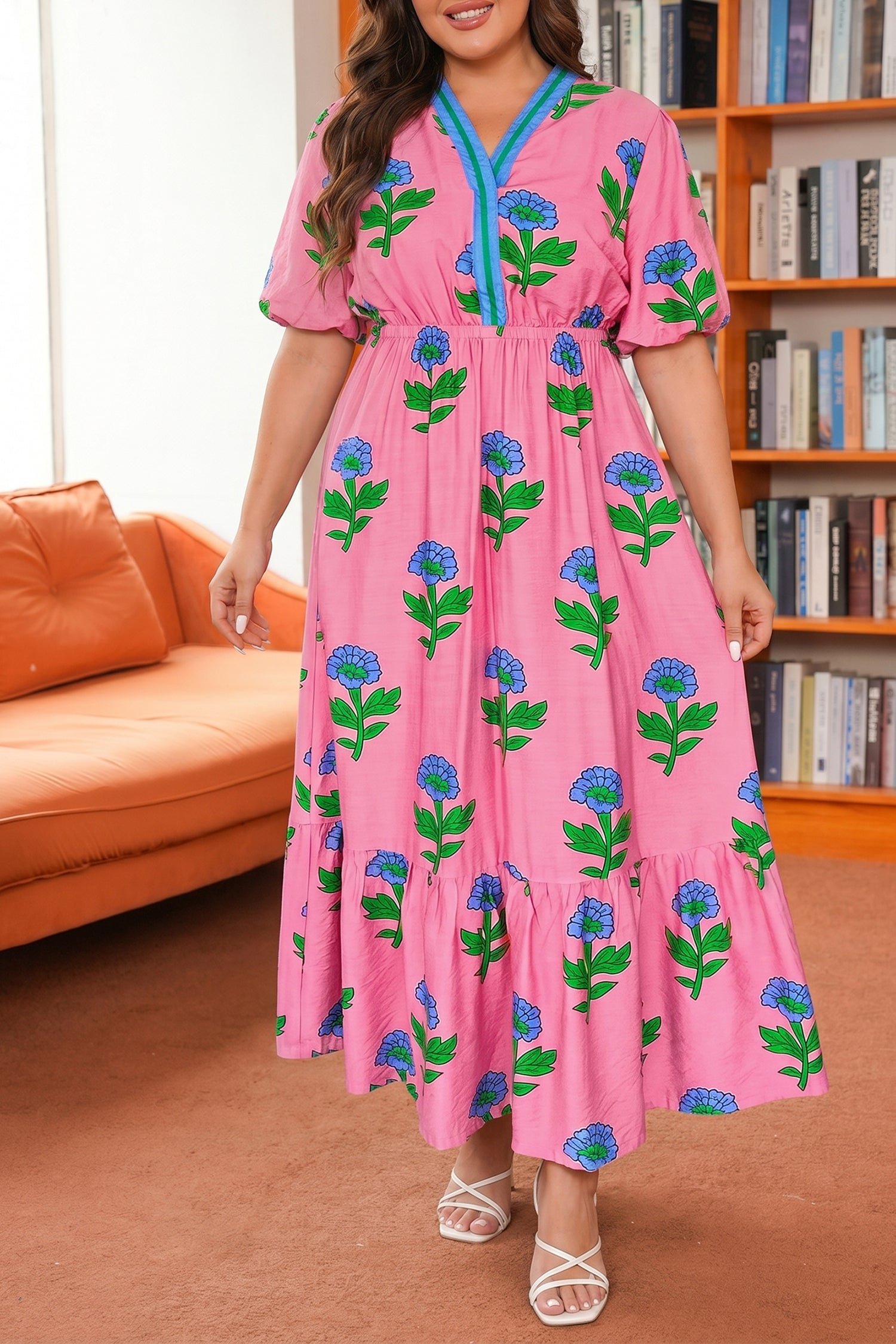 Pink Plus Size Striped V Neck Ruffled Floral Long Dress