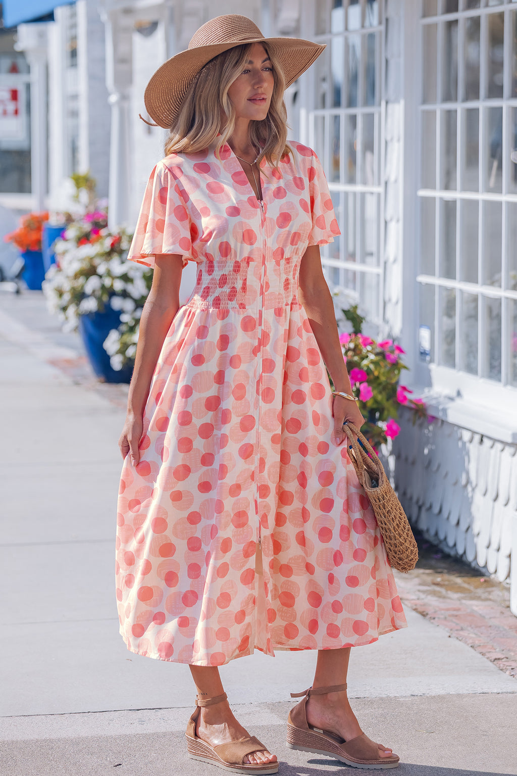 Pink Polka Dot Printed Ruffle Short Sleeve Zip Up Long Dress