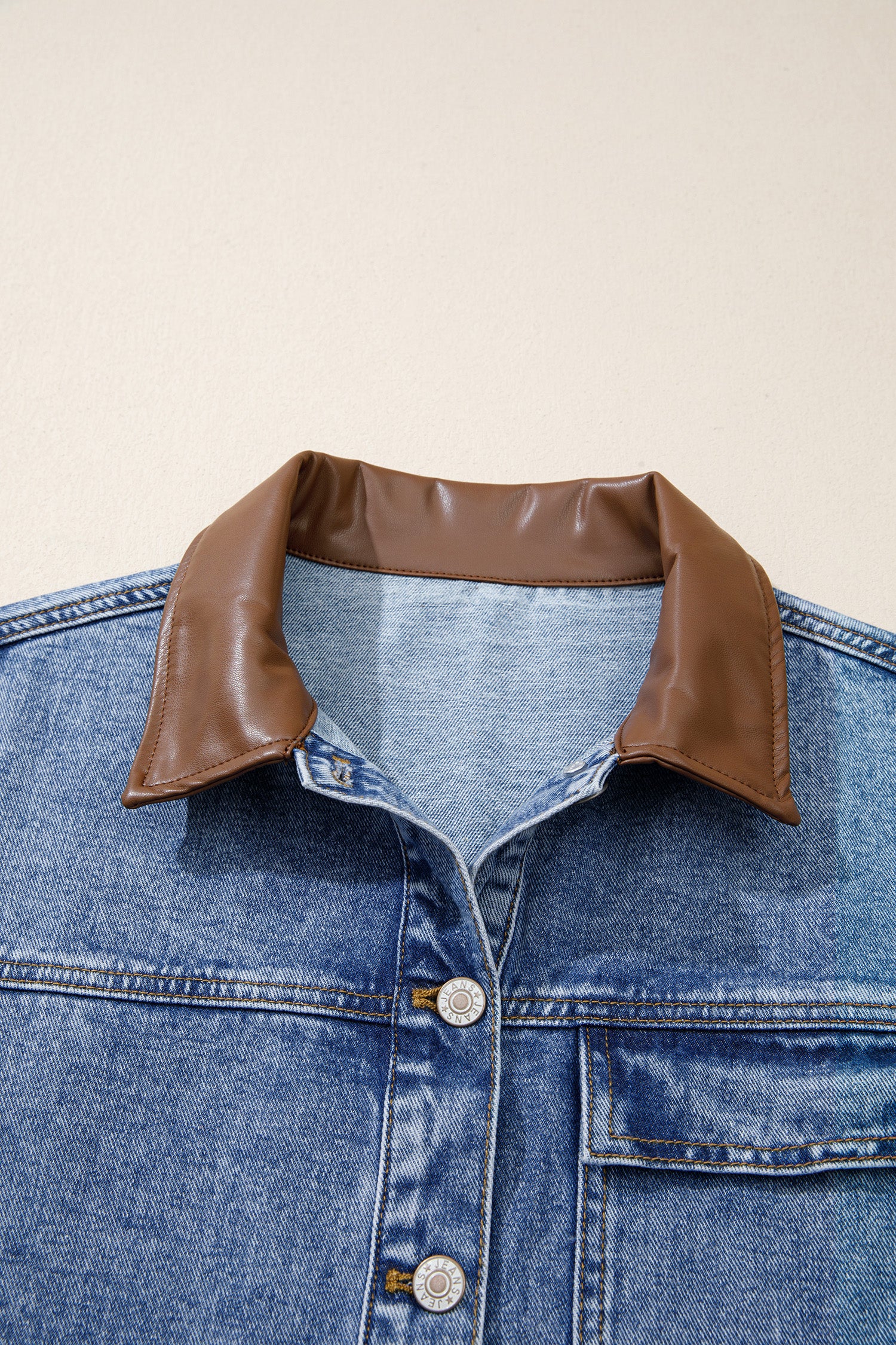 Sky Blue Patchwork Leather Collar Long Sleeve Denim Jacket