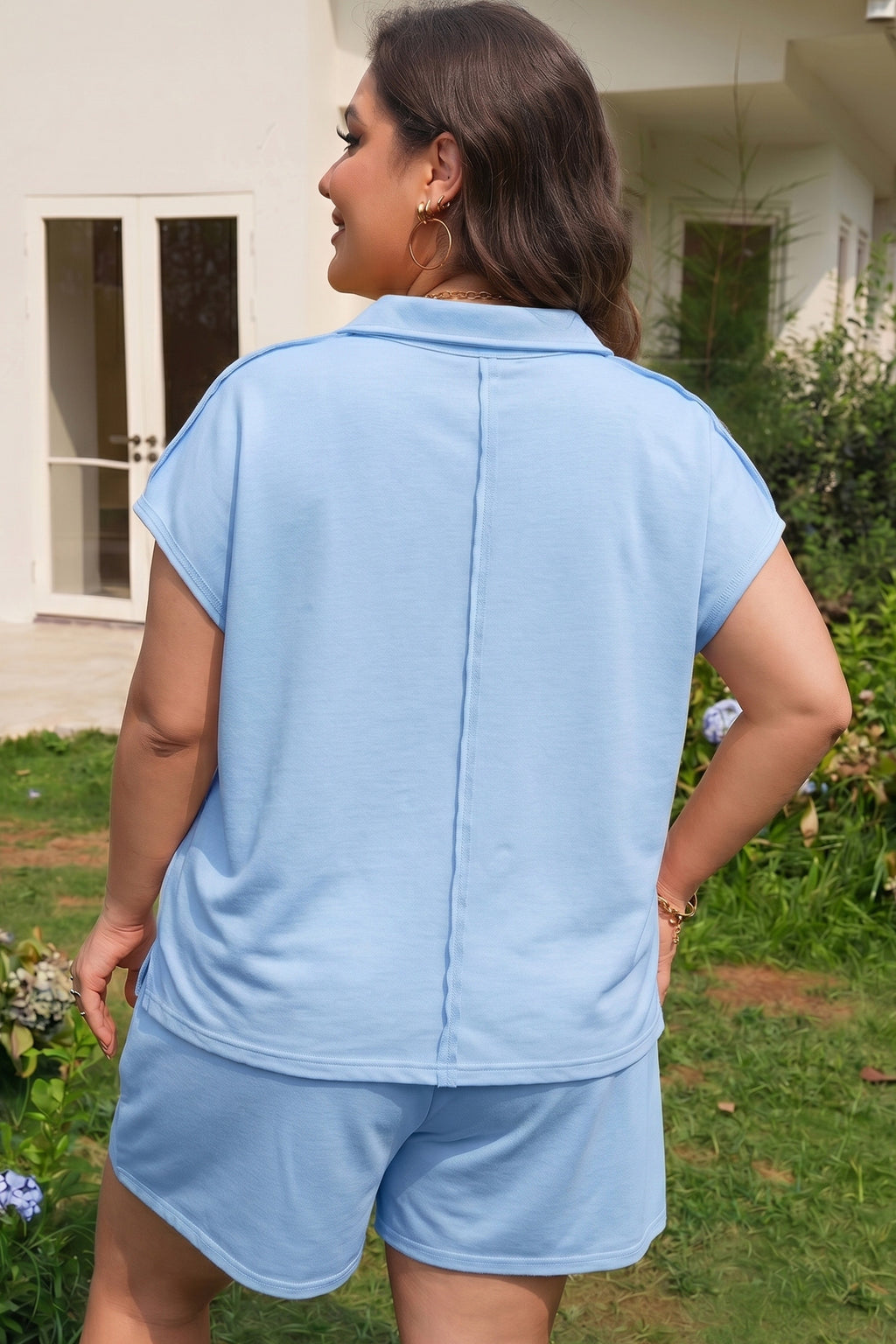 Mist Blue Solid Color Polo Tee Elastic Waist Shorts Plus Size Outfit