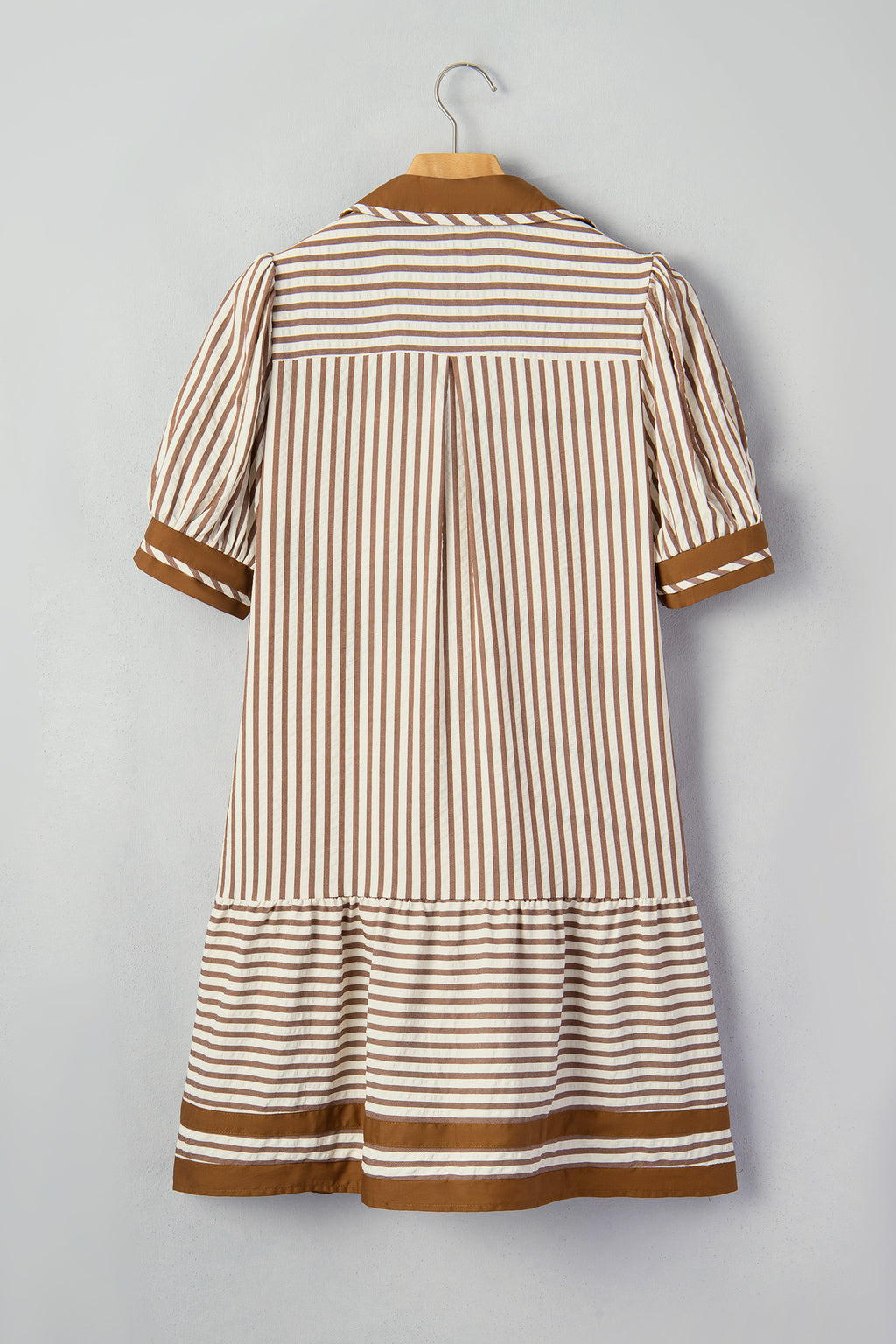 Brown Stripe Shirt Collar Color Block Patchwork Trim Ruffle Hem Short Dress