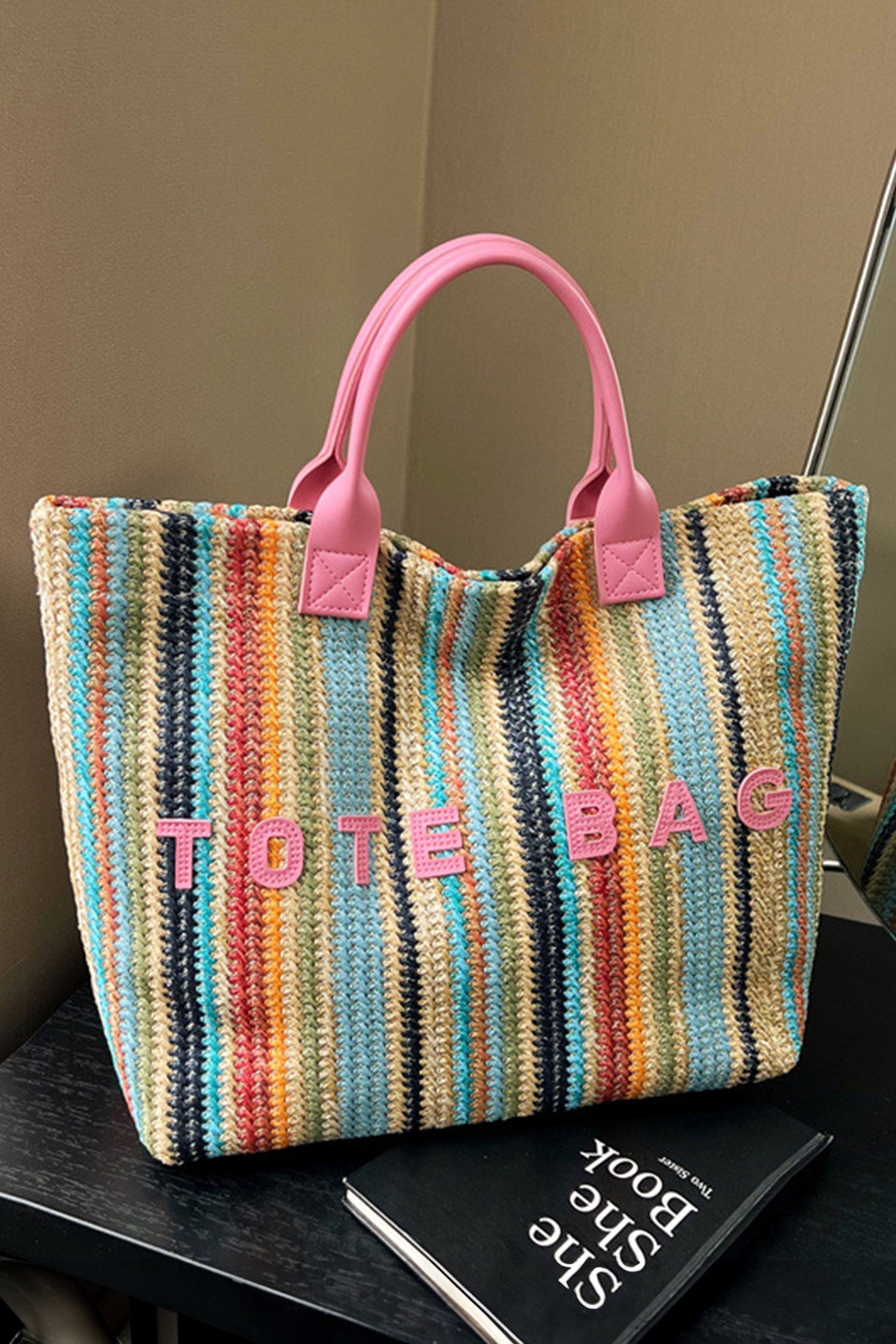Sachet Pink Bohemian Straw Crochet Woven Tote Bag