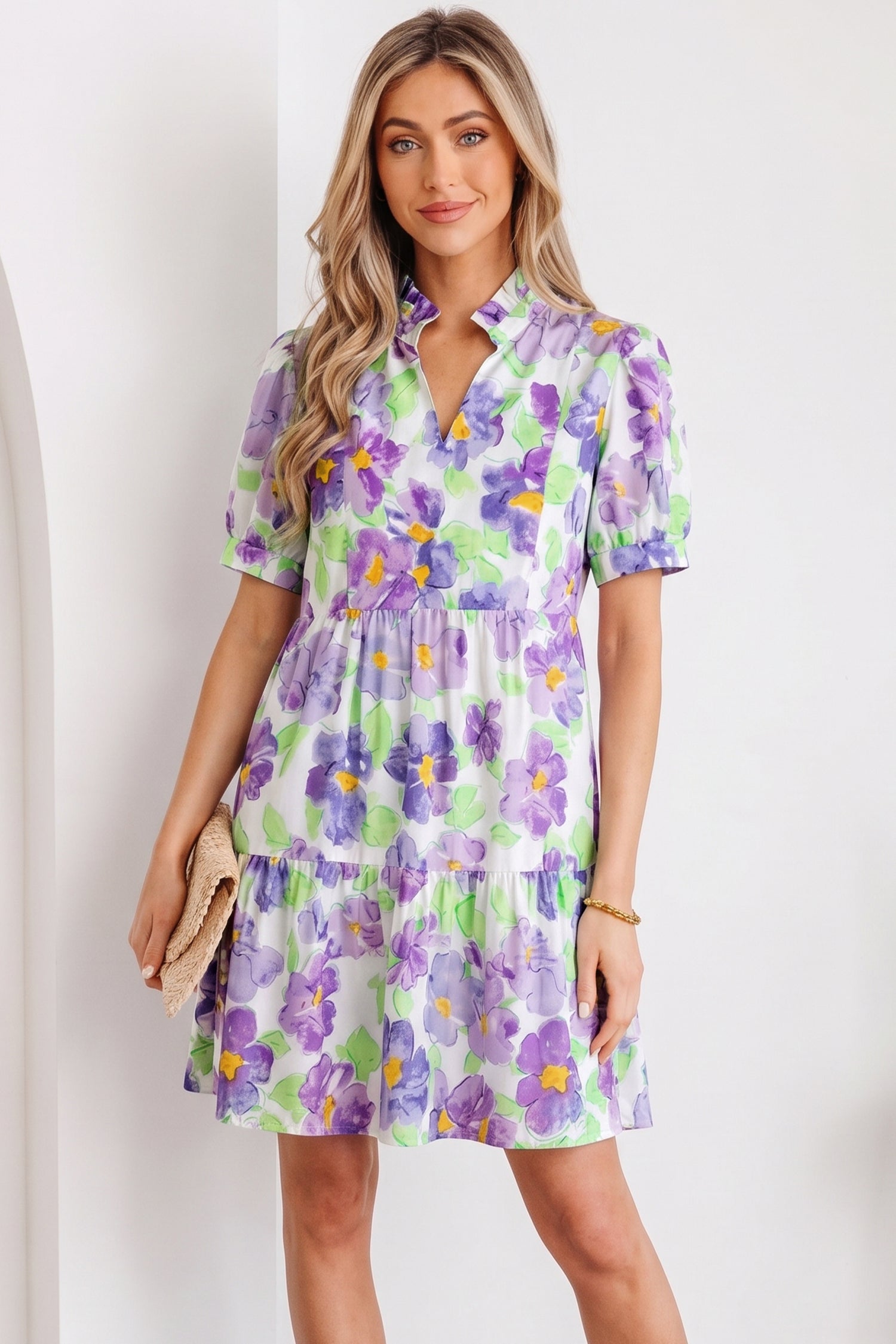 Purple Floral V Collar Short Sleeve Tiered Ruffle Mini Dress