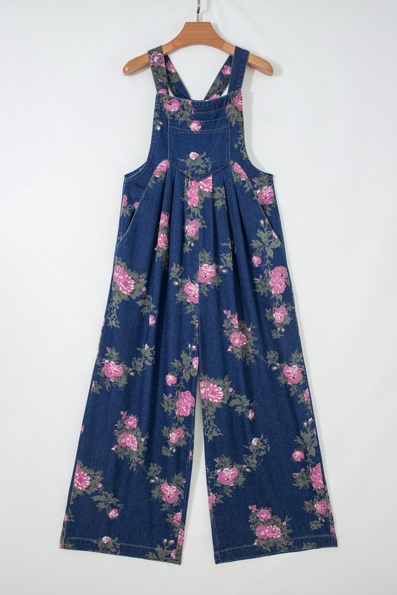 Beau Blue Floral Print Pleated High Waist Wide Leg Denim Jumpsuit