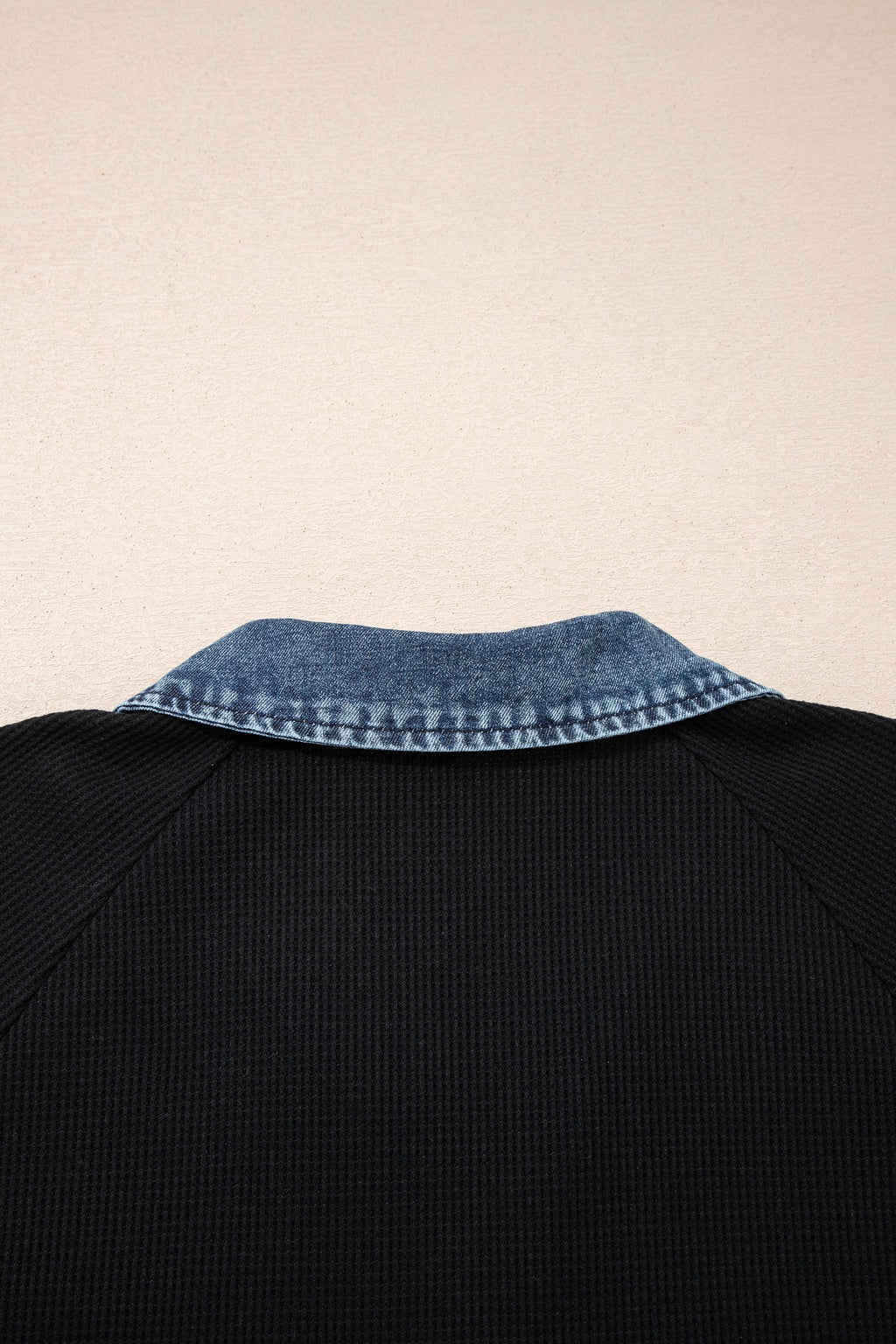 Black Plus Size Textured Contrast Denim Patchwork Button Polo Tee