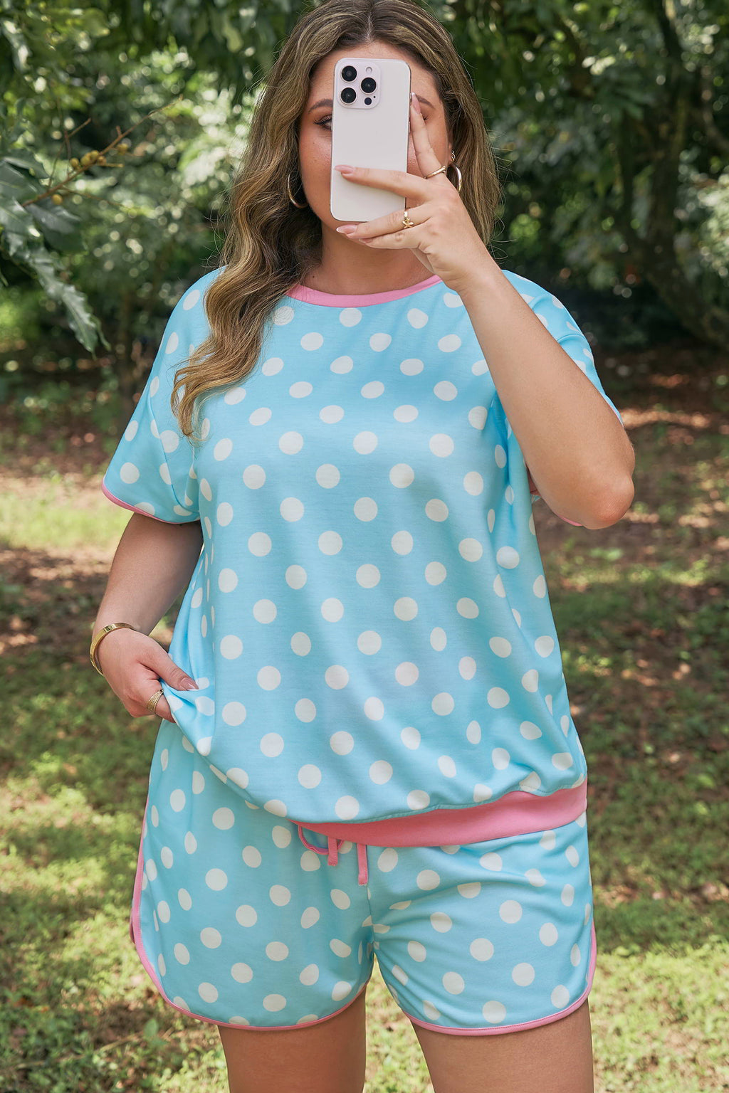 Sky Blue Polka Dot Print Color Block Trim Plus Size 2pcs Short Set