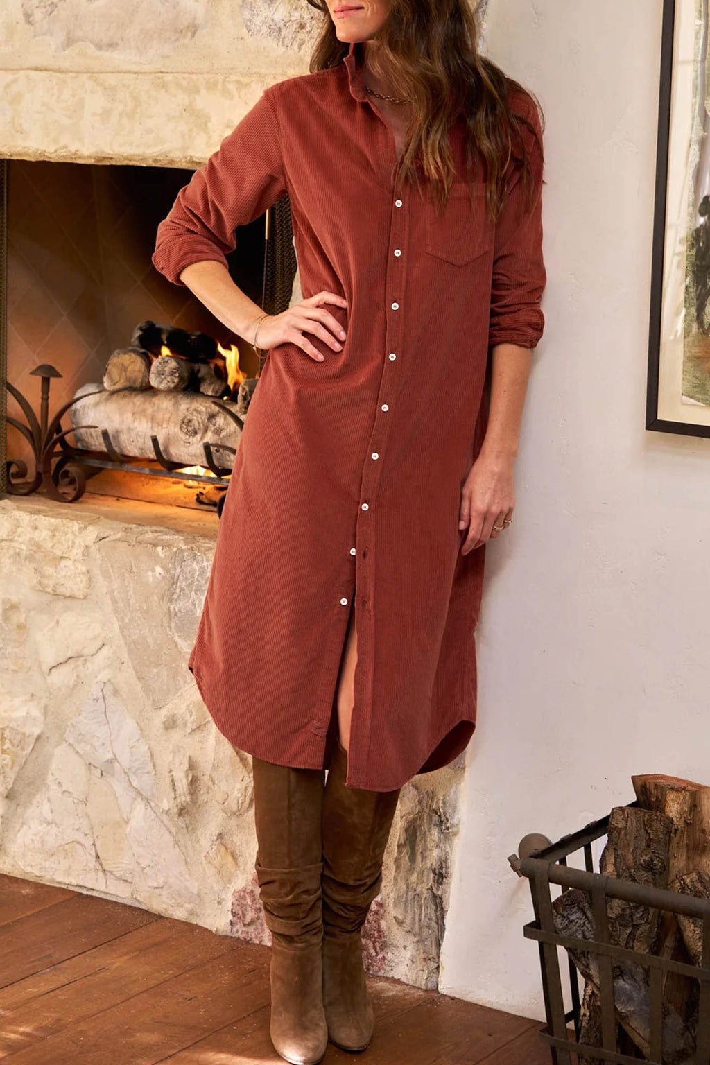 Clay Long Sleeve Button Down Corduroy Midi Length One Piece Dress