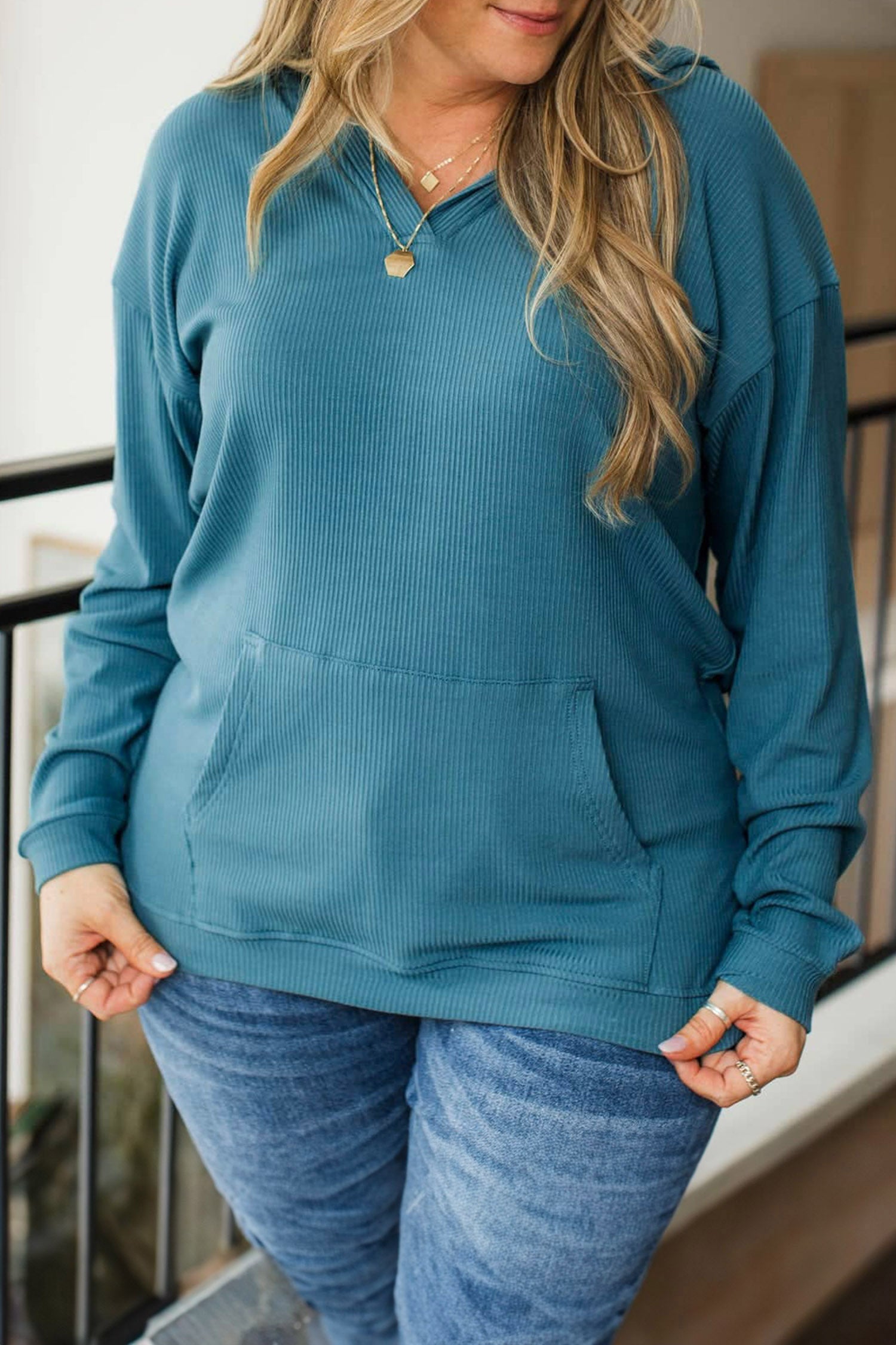 Lapis Ribbed Drop Shoulder Long Sleeve Plus Size Blouse