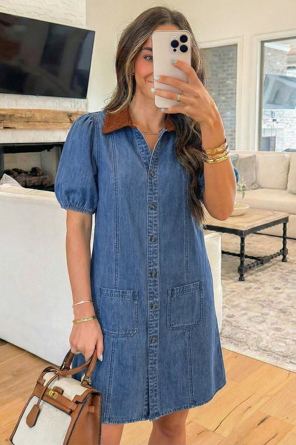 Blue Denim Short Puff Sleeve Color Block Shirt Collar Patchwork Mini Dress