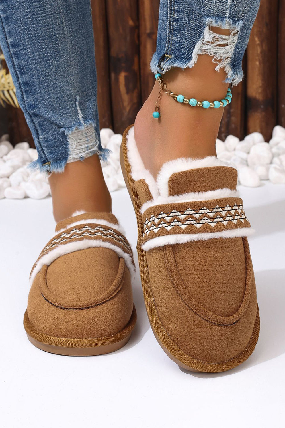 Chestnut Suede Wavy Striped Plush Lined Slippers (Run Small, Size Up)