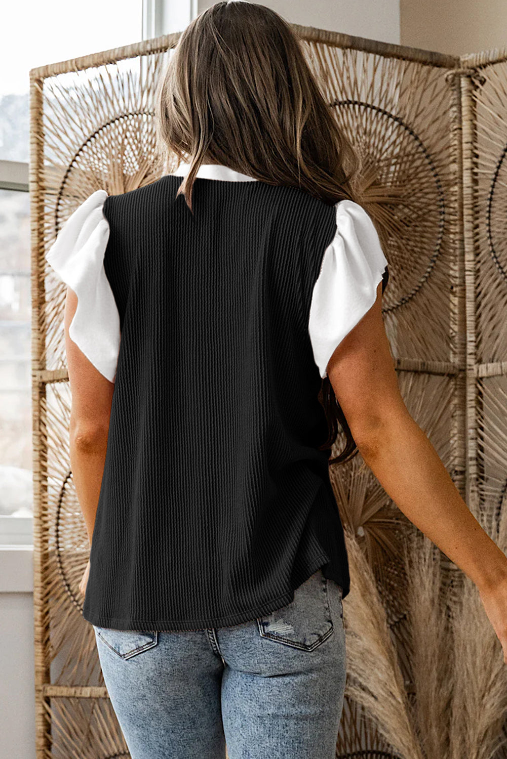 Fushia Plus Size Contrast Frilled Neckline Ruffled Short Sleeve Ribbed Textured Blouse