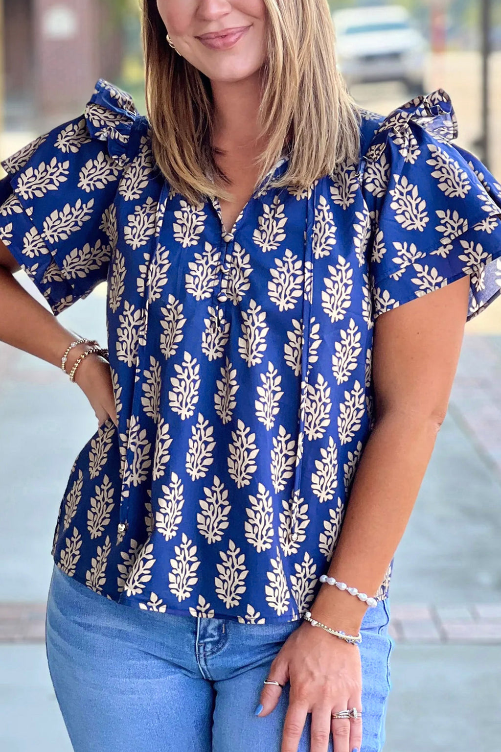 Blue Plus Size Botanical Print Tie V Neck Ruffle Short Sleeve Blouse