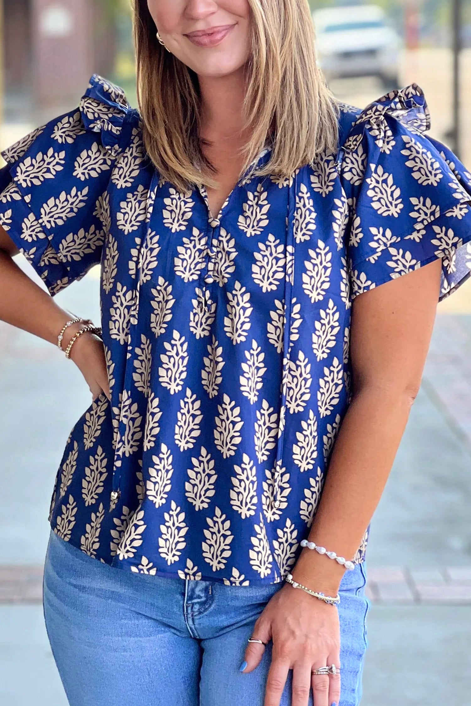 Blue Plus Size Botanical Print Tie V Neck Ruffle Short Sleeve Blouse