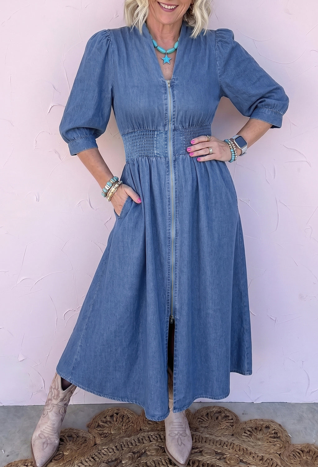 Blue V Neck Shirred Waist Metal Zipper Denim Midi Dress