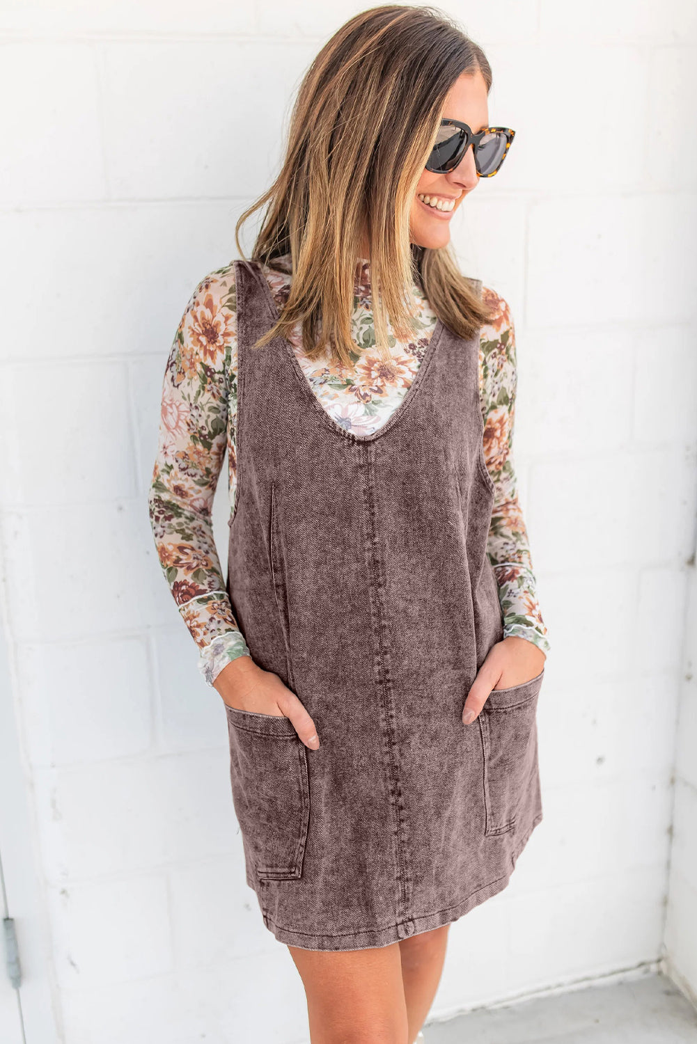 Goat Vintage Washed Denim V Neck Suspender Mini Dress