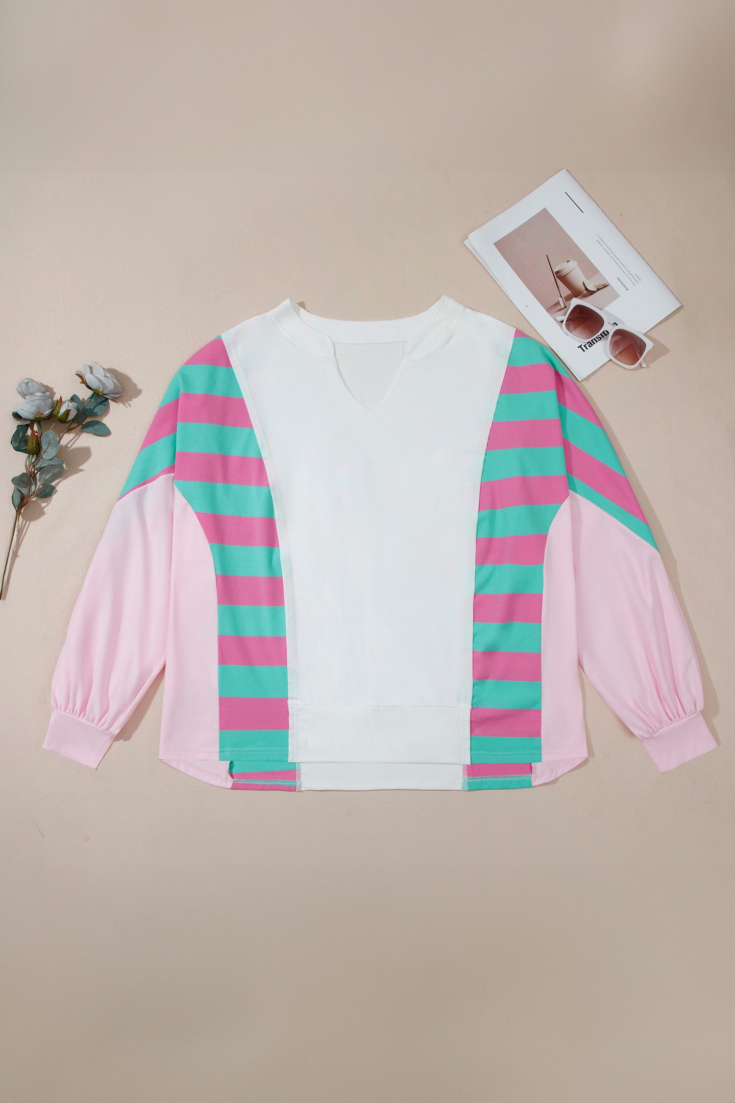 White Striped Colorblock V Neck Shift Long Sleeve Plus Size Blouse
