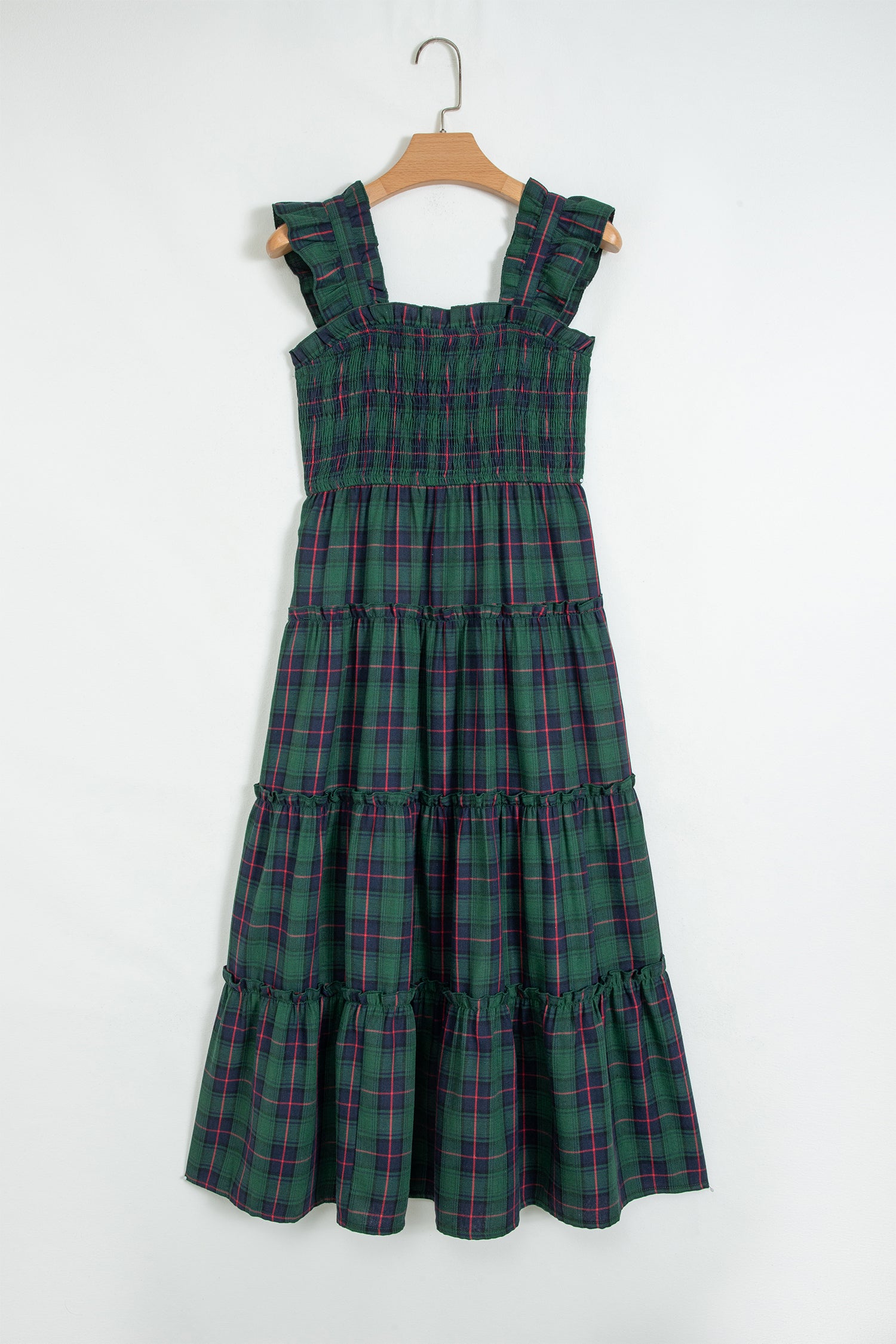 Green Plaid Ruffle Sleeveless Shirred Bodice Tiered Midi Dress