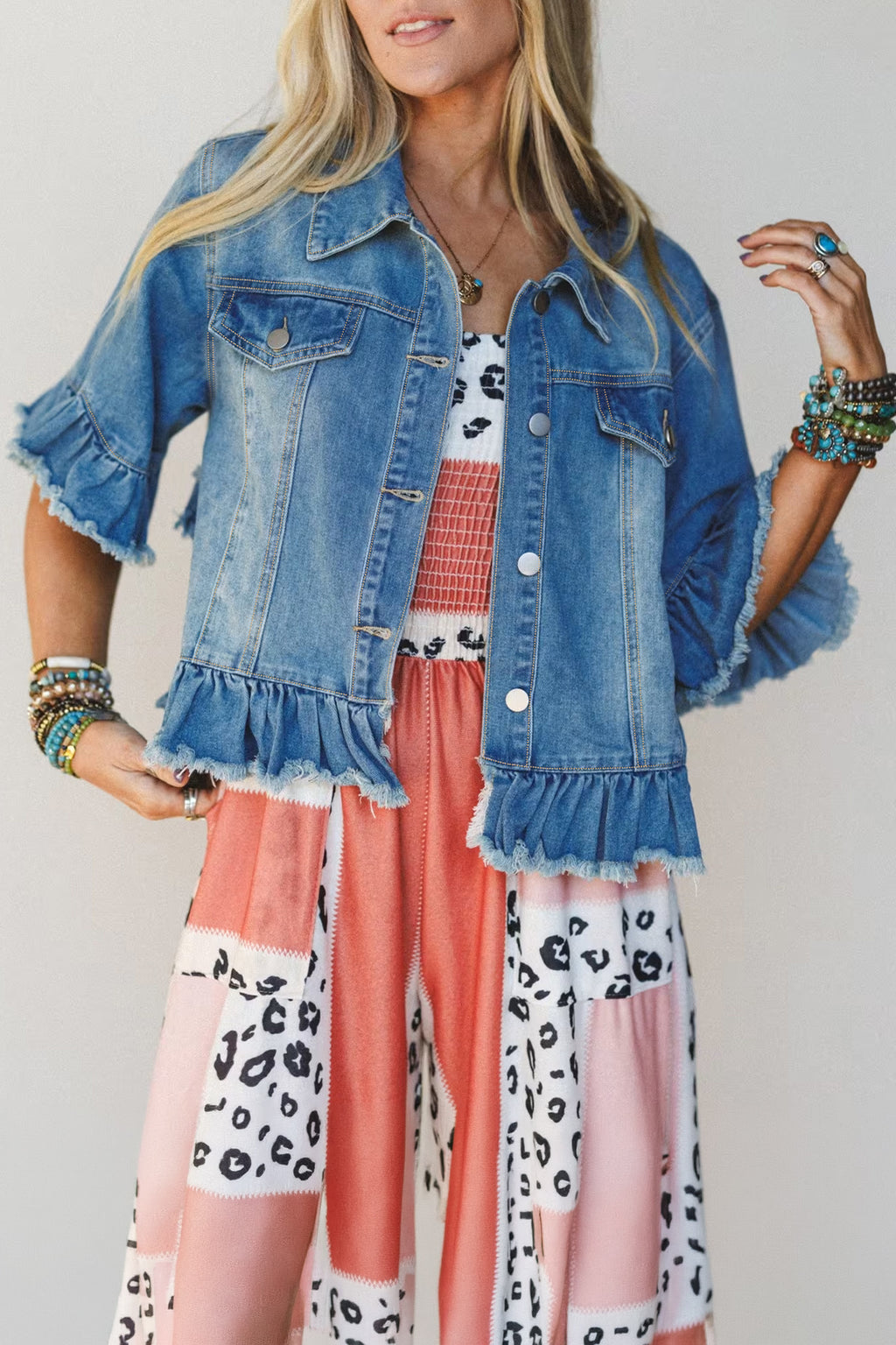 Blue Ruffle Hem Raw Edge Half Sleeve Western Denim Jacket