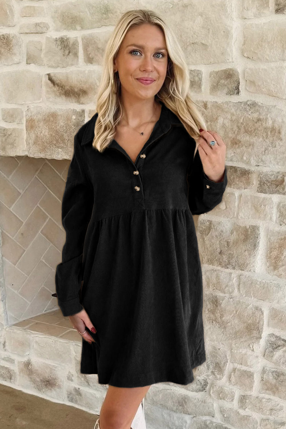 Dearlovers Oatmeal Corduroy Half Button Collared Long Sleeve Mini Dress