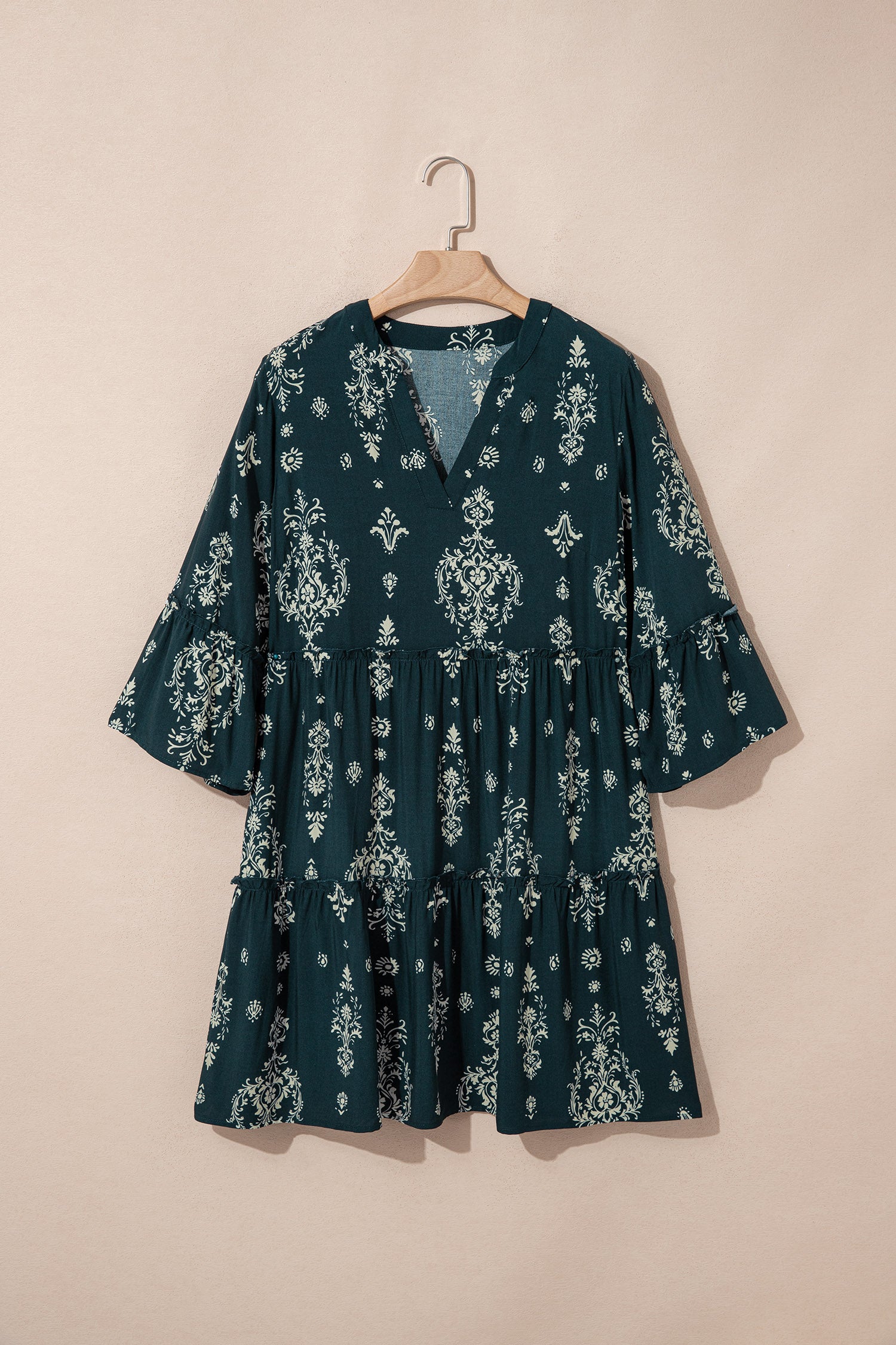 Red Boho Floral Print Lettuce Trim 3/4 Sleeve Mini Dress