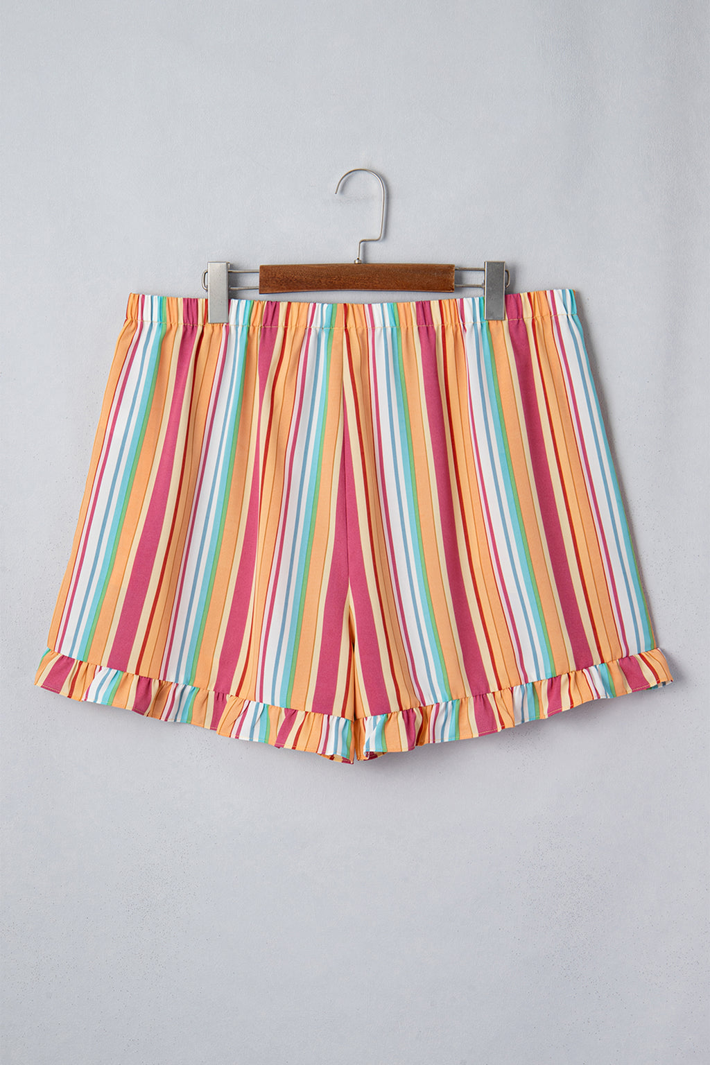 Orange Stripe Plus Size Elastic Waist Ruffle Hem Shorts