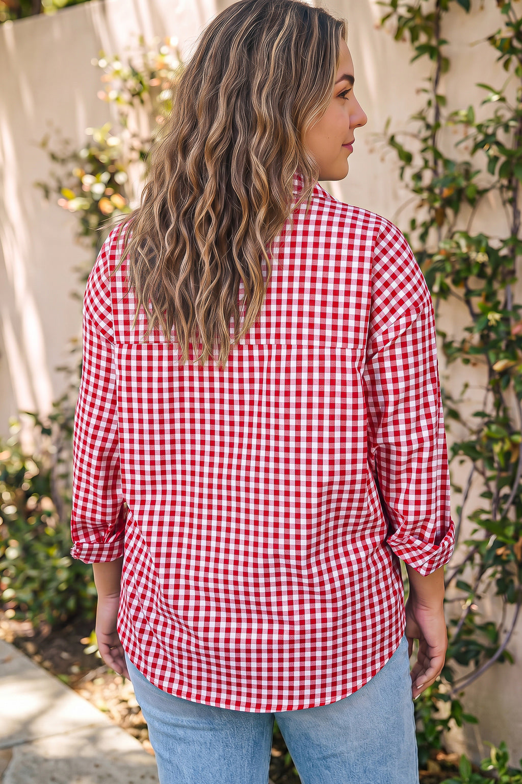 Red Plaid V Neck Long Sleeve Tunic Loose Fit Plus Size Shirt