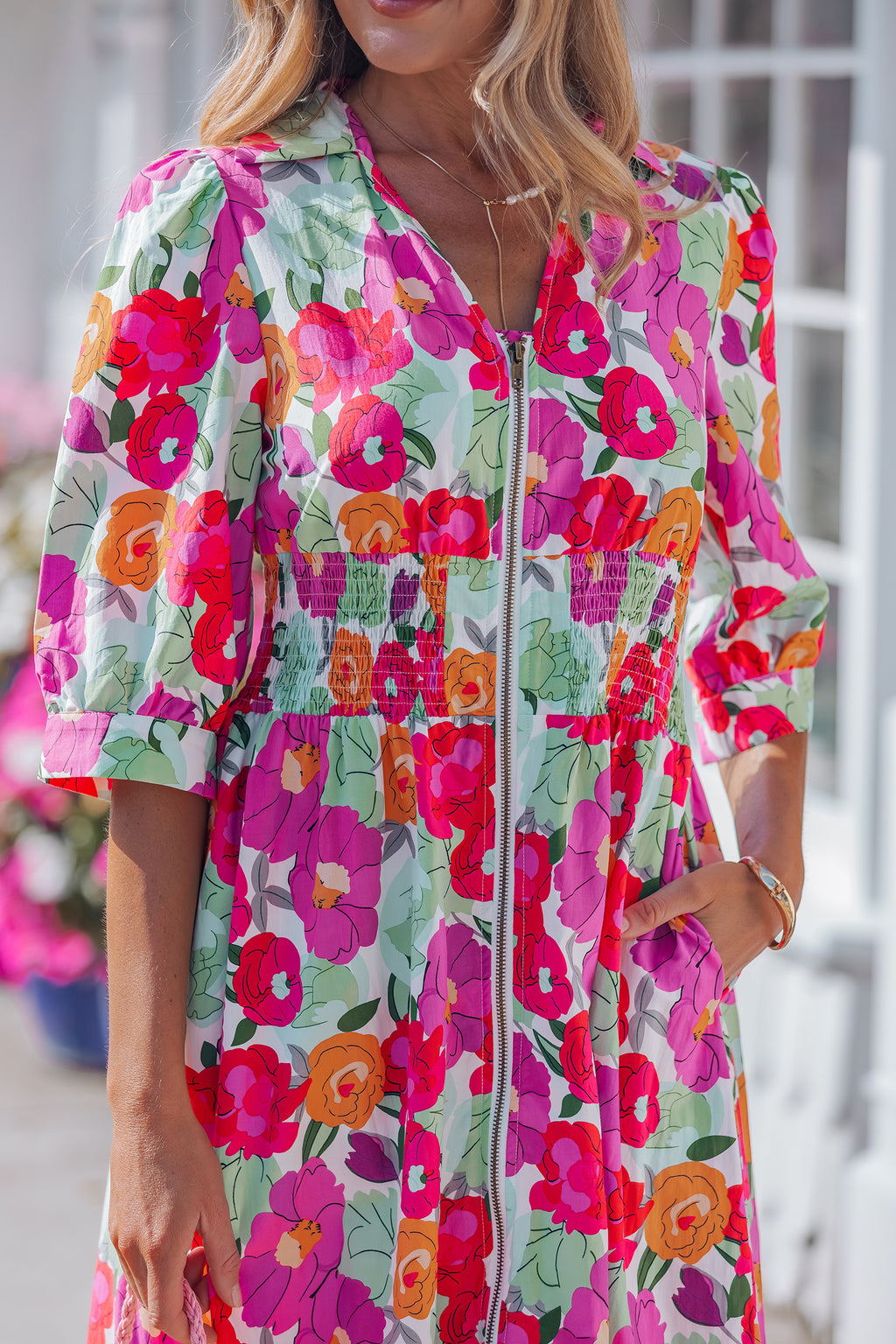 Rose Vibrant Floral Print V Neck Zip Up Puffy Half Sleeve Dress