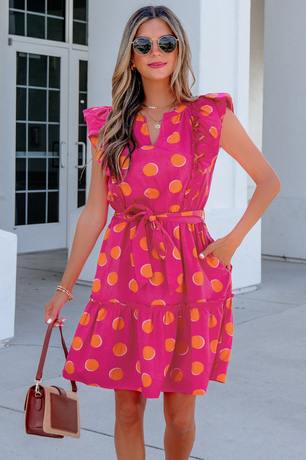 Rose Double Polka Dot V Neck Ruffled Short Sleeve Dress