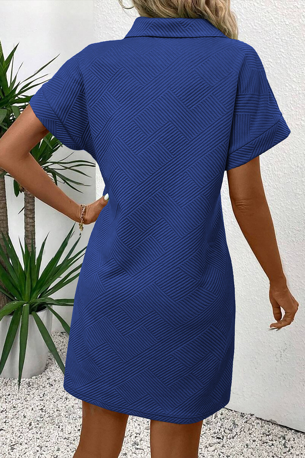 Myosotis Solid Color Textured Short Sleeve A Line Mini Dress