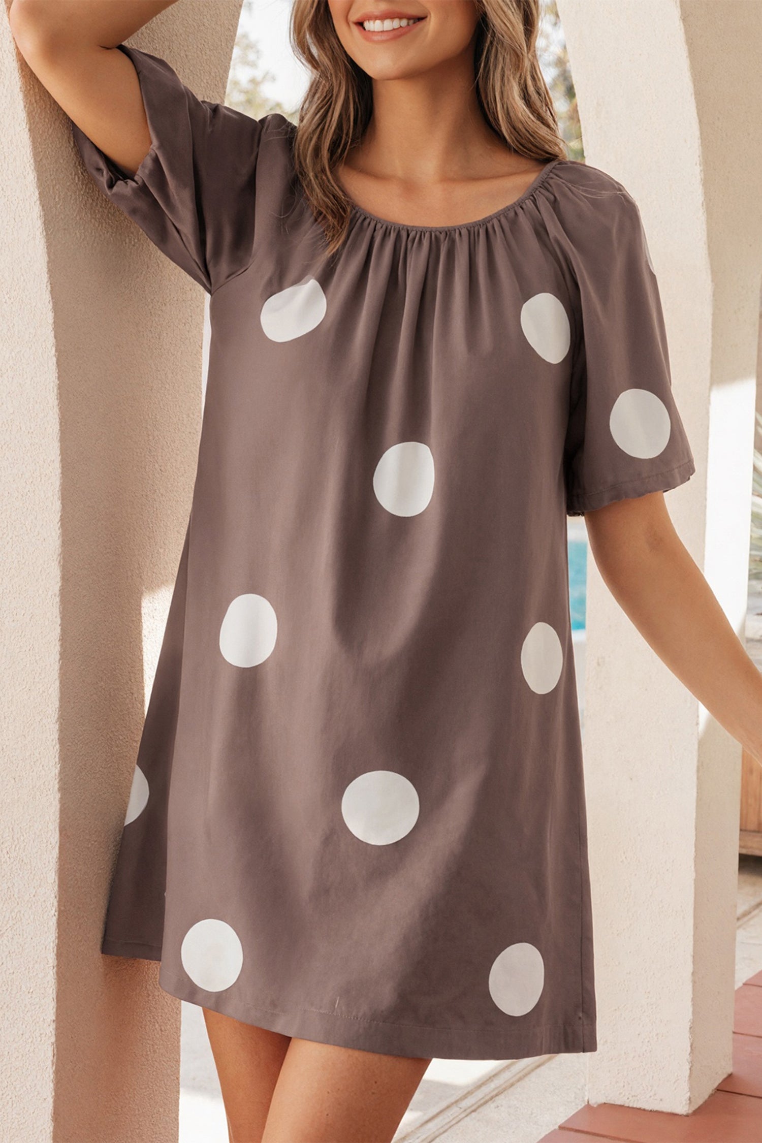 Brown Polka Dot Print Knot Back Short Puff Sleeve Loose Mini Dress