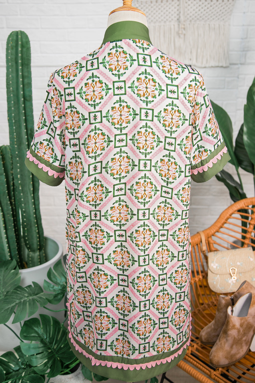 Multicolour Boho Geometric Flower Print Short Sleeve Loose Mini Dress