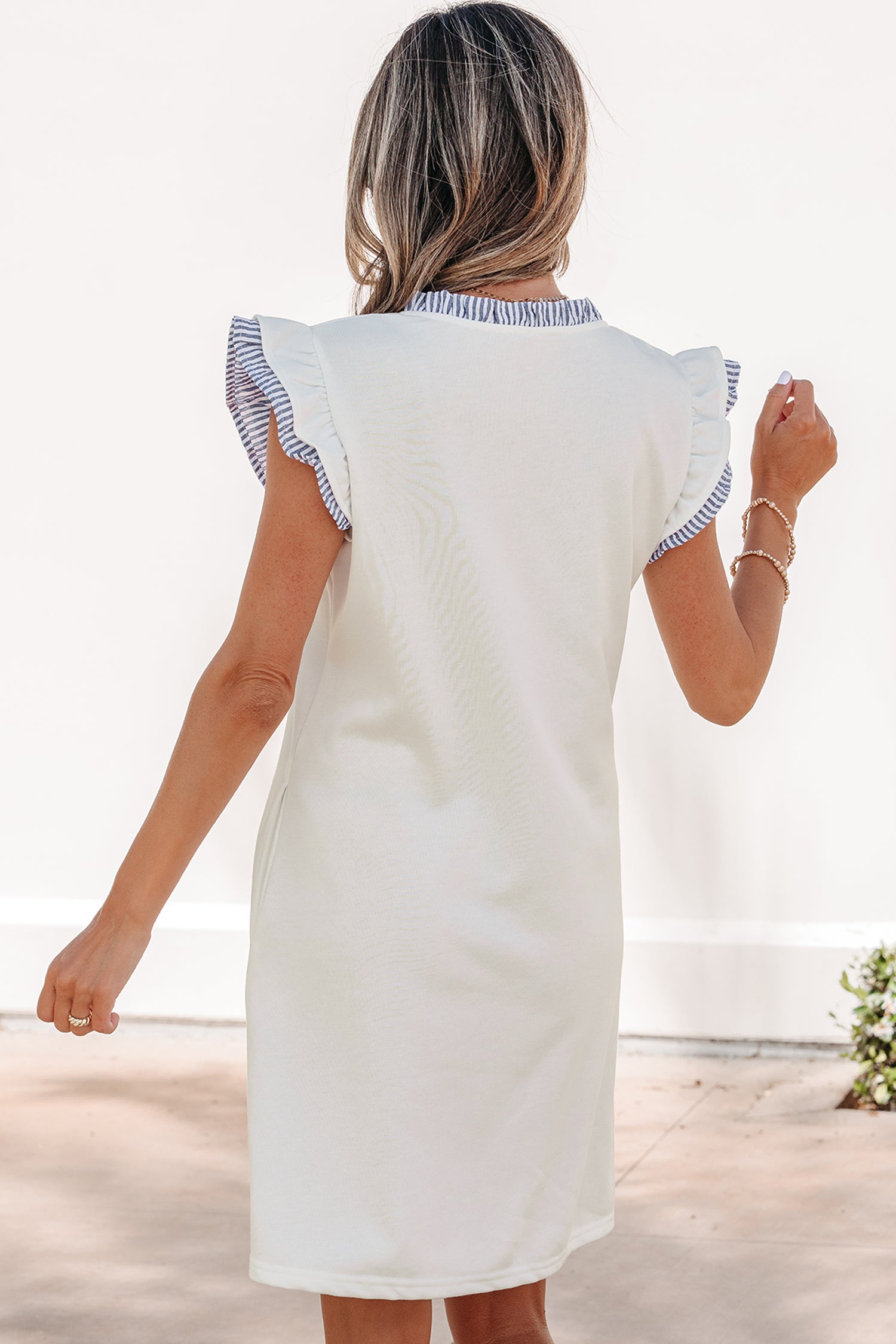 White Contrasted Striped Patchwork Split Neck Ruffle Trim Sleeveless Dress