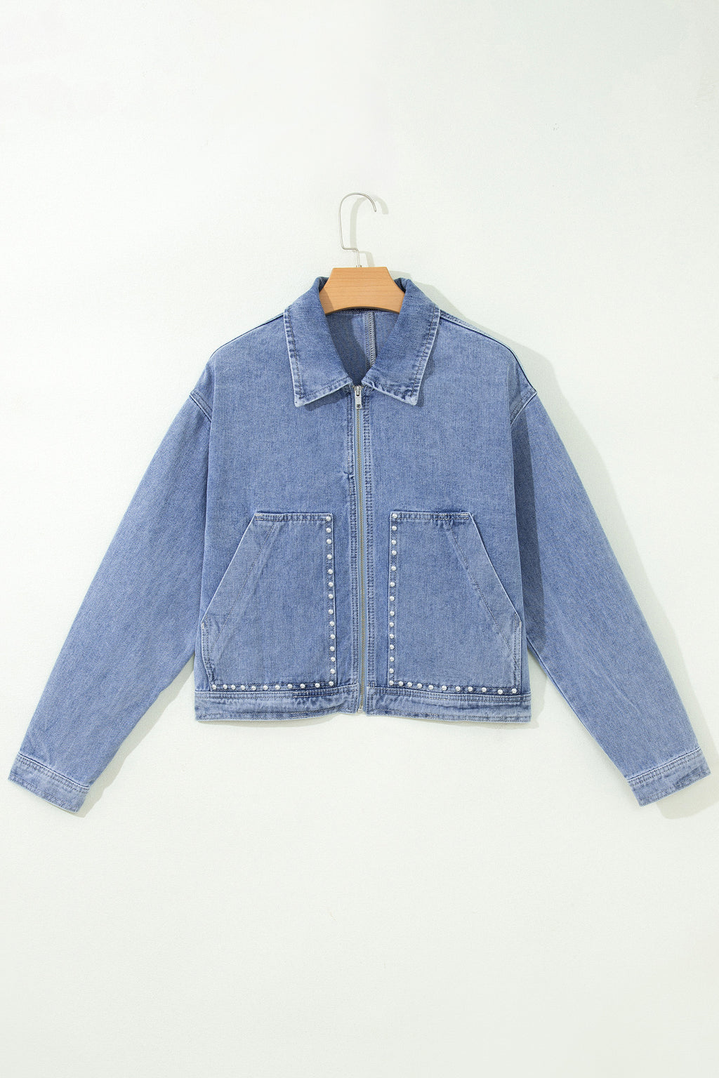 Beau Blue Studded Metal Zipper Rivet Pockets Long Sleeve Denim Jacket