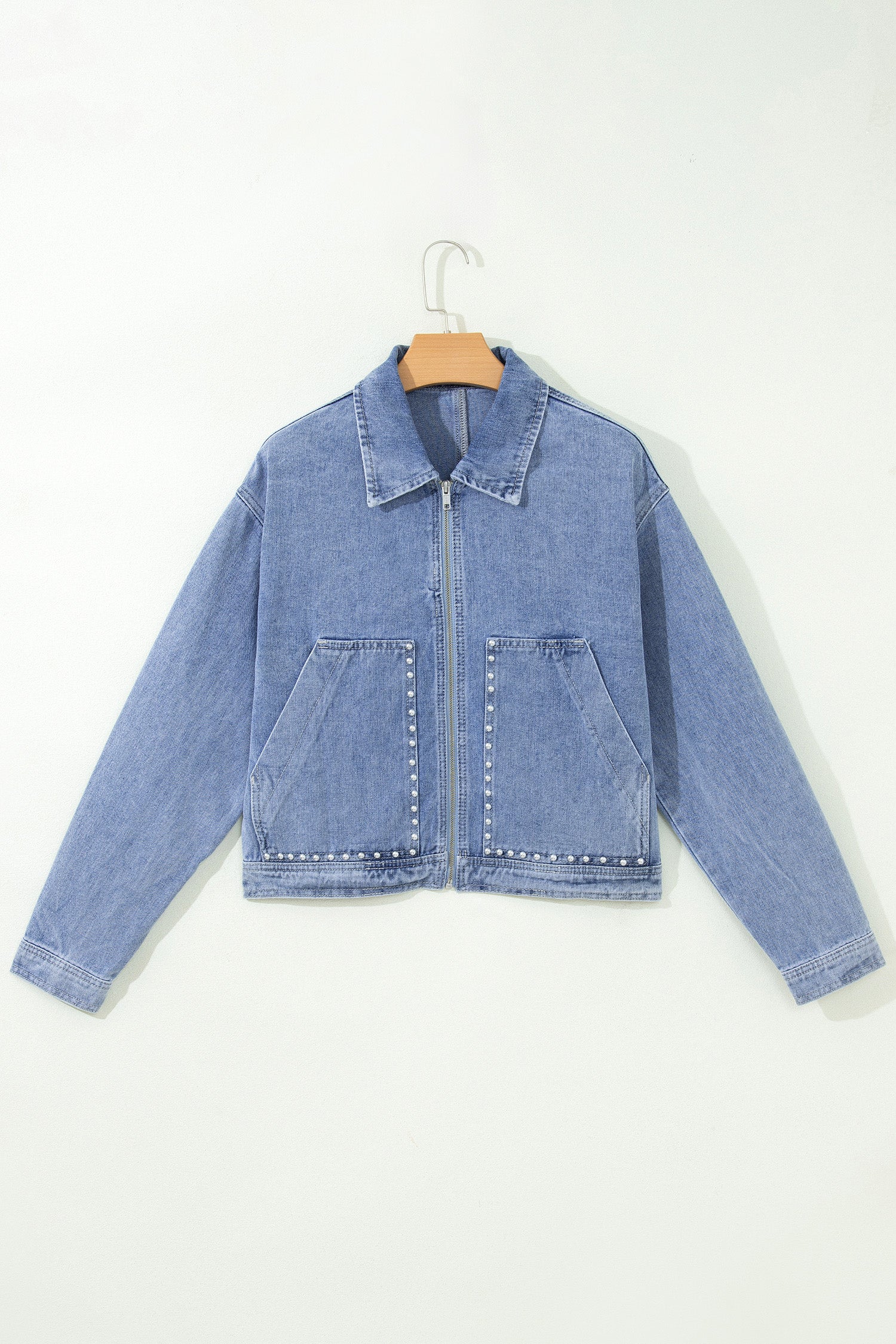 Beau Blue Studded Metal Zipper Rivet Pockets Long Sleeve Denim Jacket