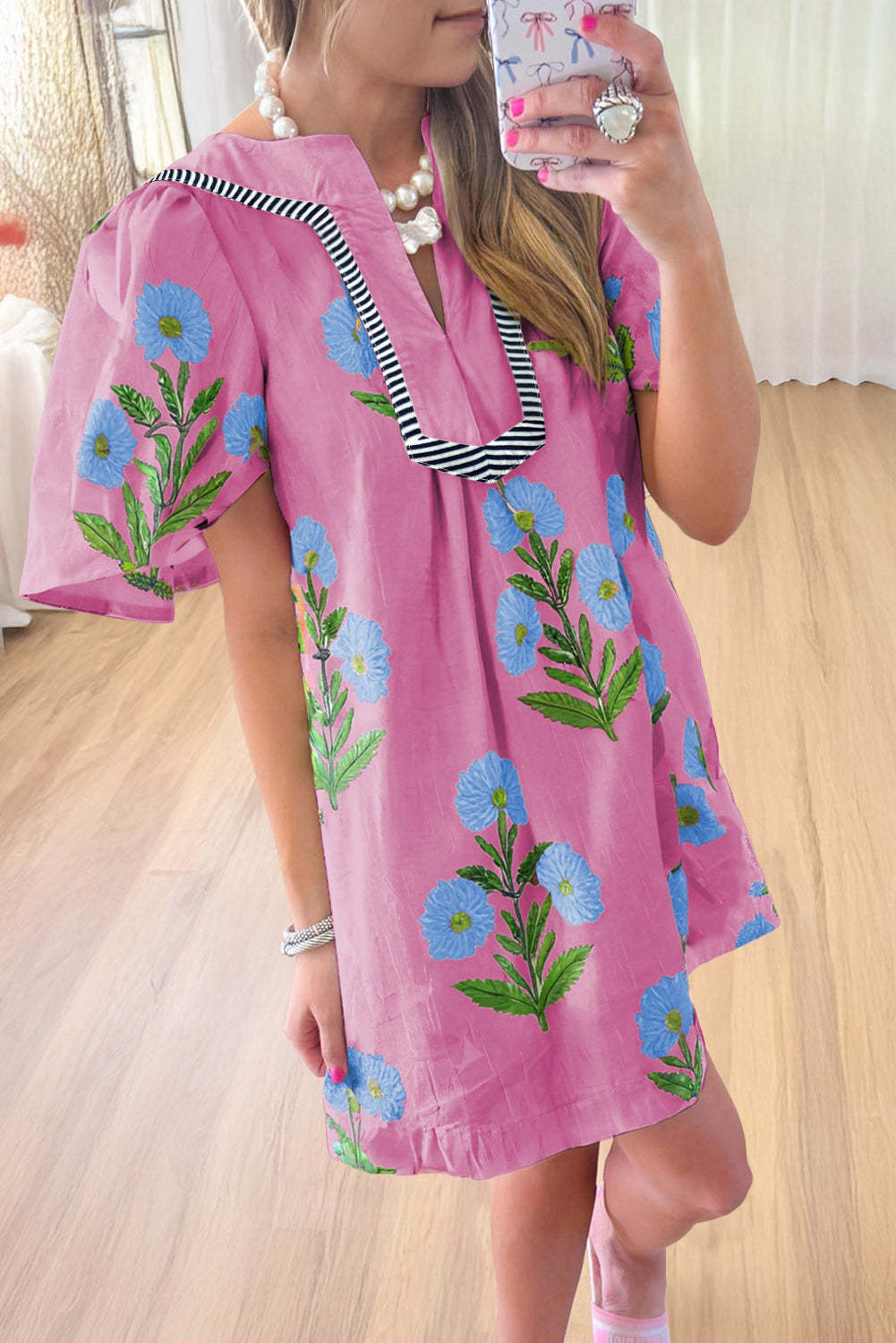 Rose Floral Short Sleeve Split Neck Loose Mini Dress