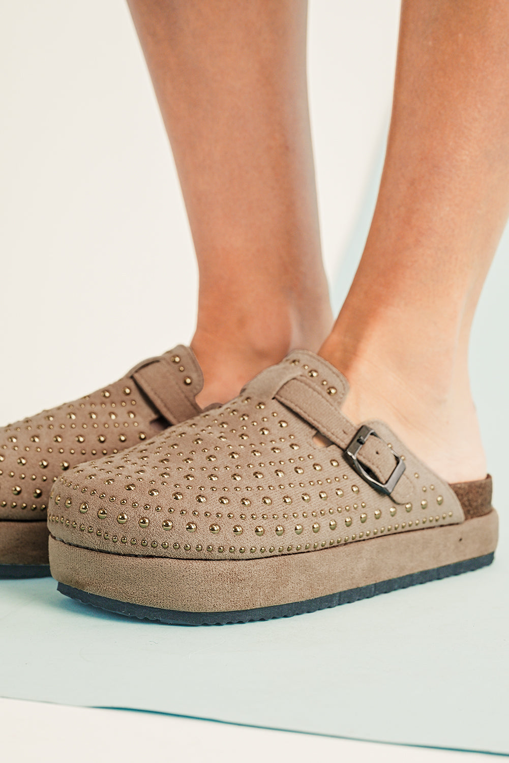 Black Rivet Buckle Closed Toe Platform Slippers
