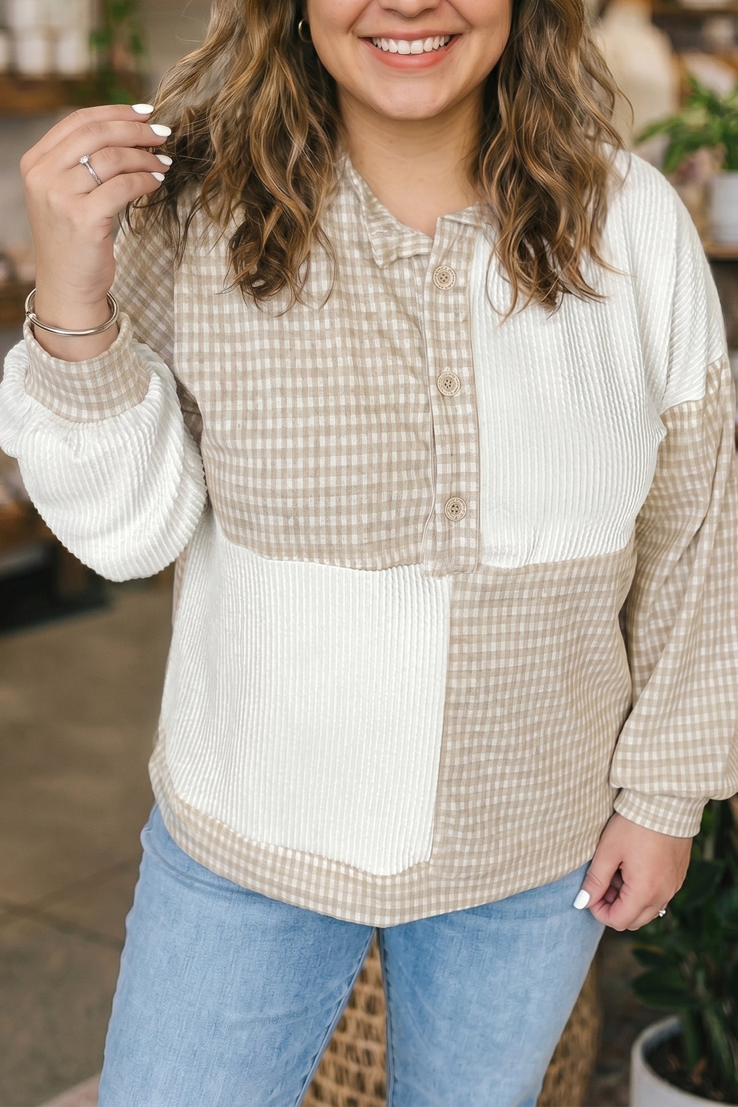 Khaki Patchwork Checkered Long Sleeve Round Neck Plus Size Blouse