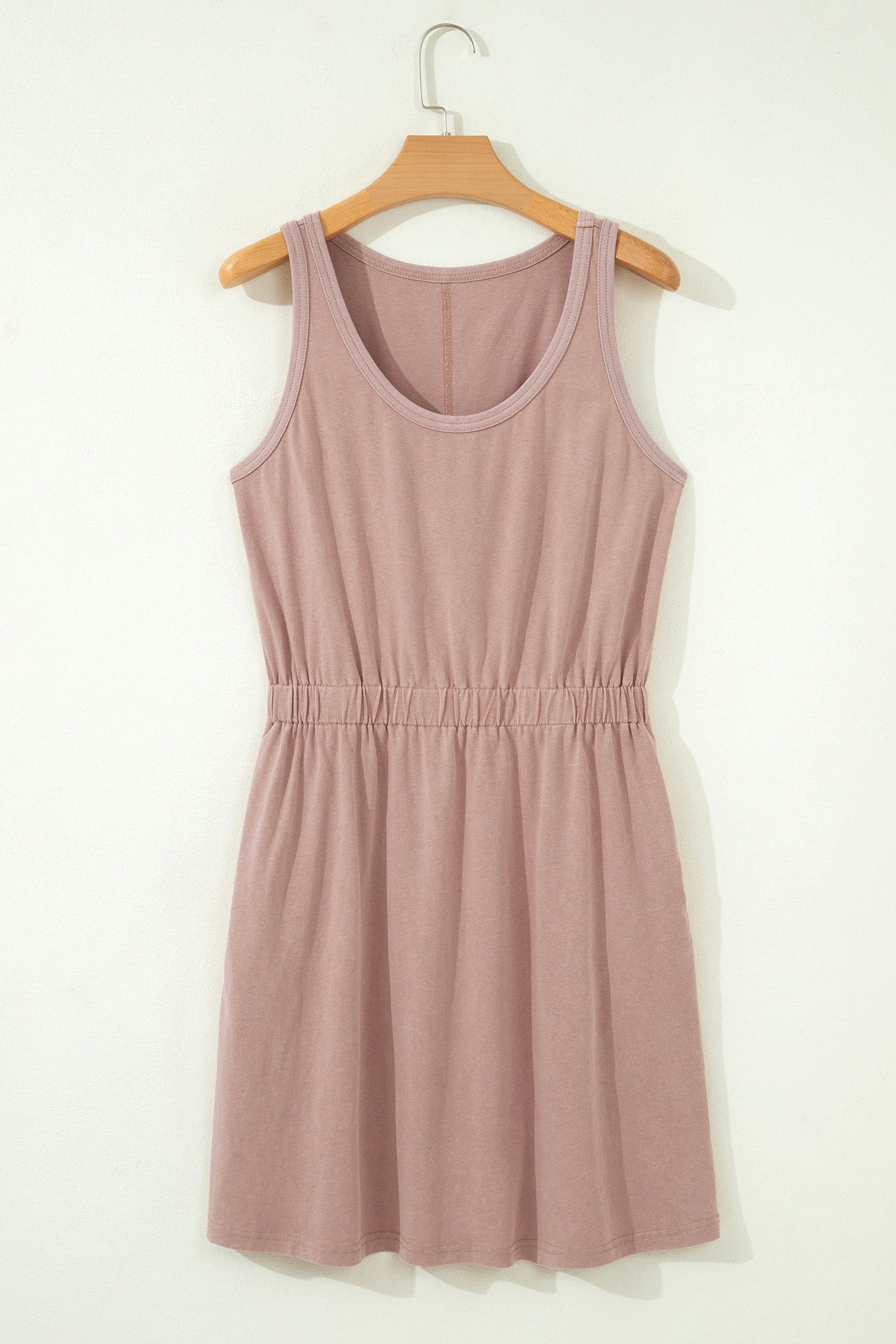 Smoke Gray Mineral Wash U Neck Elastic Waist Sleeveless Mini Dress