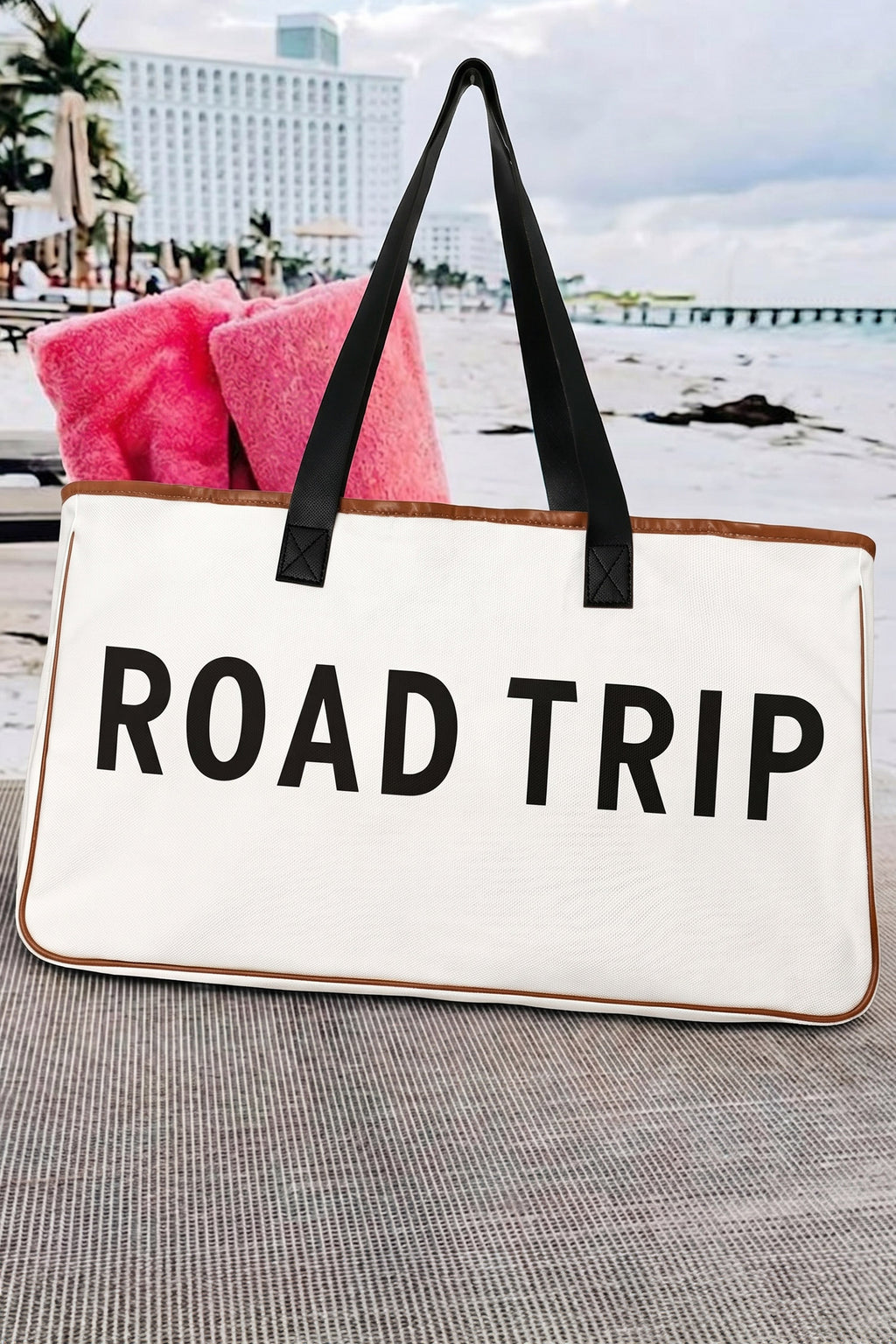 White Canvas Road Trip Tote Bag 50x15x30cm Summer Travel Carryall