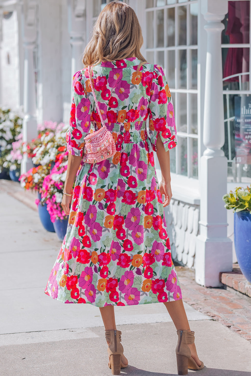 Rose Vibrant Floral Print V Neck Zip Up Puffy Half Sleeve Dress